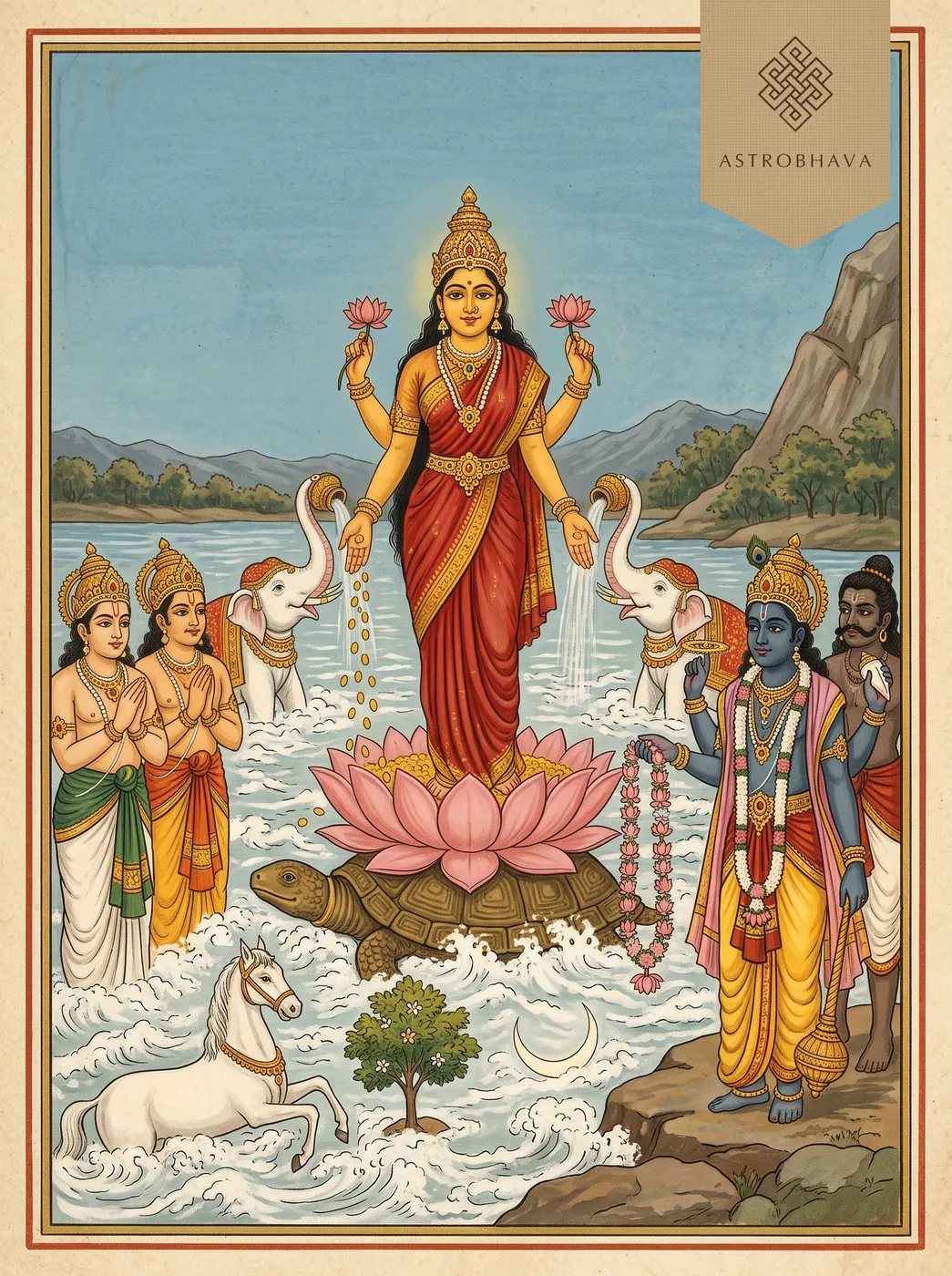 Lakshmi Chalisa: Goddess Lakshmi rising on a lotus from the churned ocean of milk as Vishnu waits with a garland