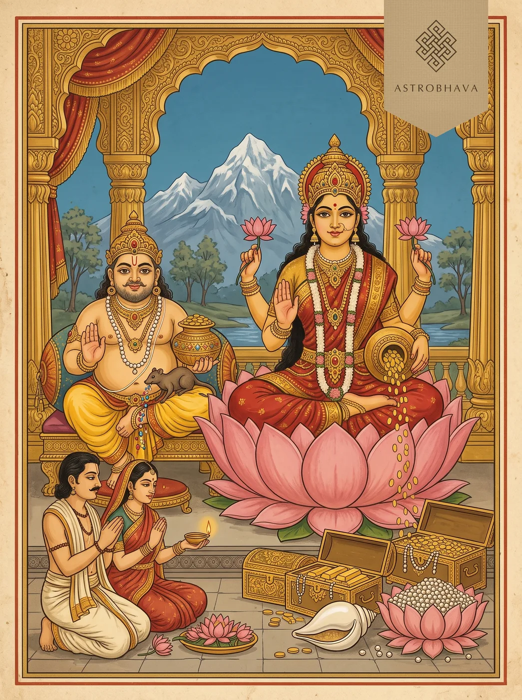 Lakshmi Kubera Mantra: Goddess Lakshmi and Kubera with his jewel-spitting mongoose enthroned among the treasures of Alakapuri