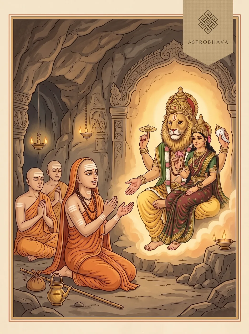 Lakshmi Narasimha Karavalamba Stotram: Lakshmi Narasimha stretching out a protecting hand to Adi Shankaracharya in a cave shrine