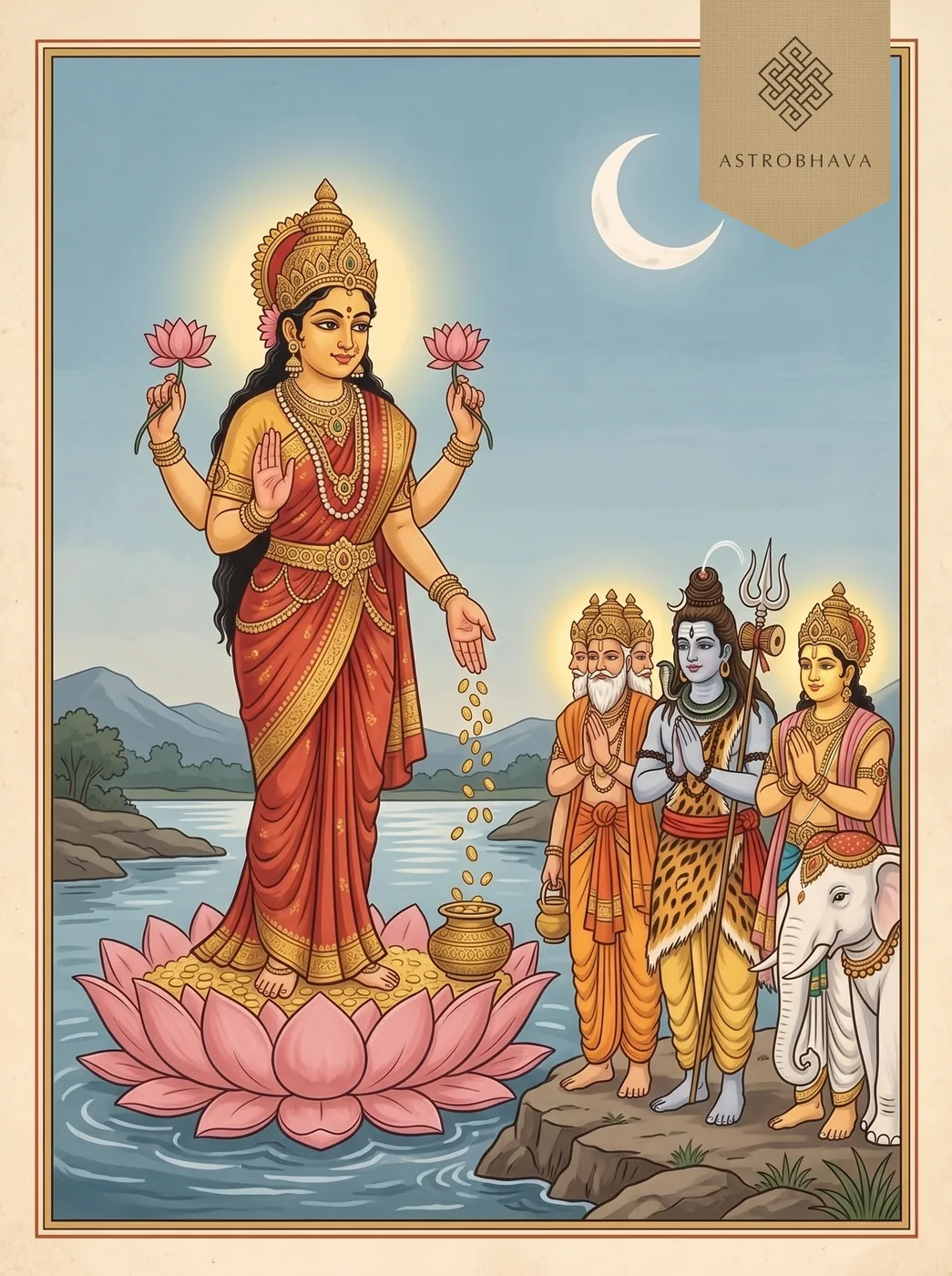 Lakshmi Sahasranamam: Goddess Mahalakshmi on a lotus restoring the lost splendour of Brahma, Rudra and Indra with her glance