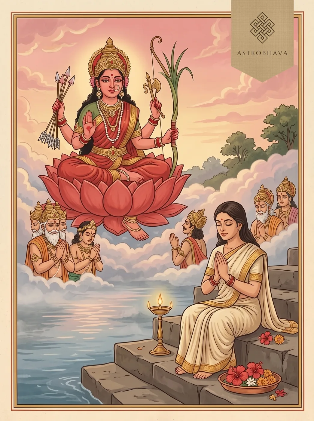 Lalita Pancharatnam: a devotee at a river at dawn remembering Goddess Lalita, who appears with sugarcane bow, flower arrows and goad