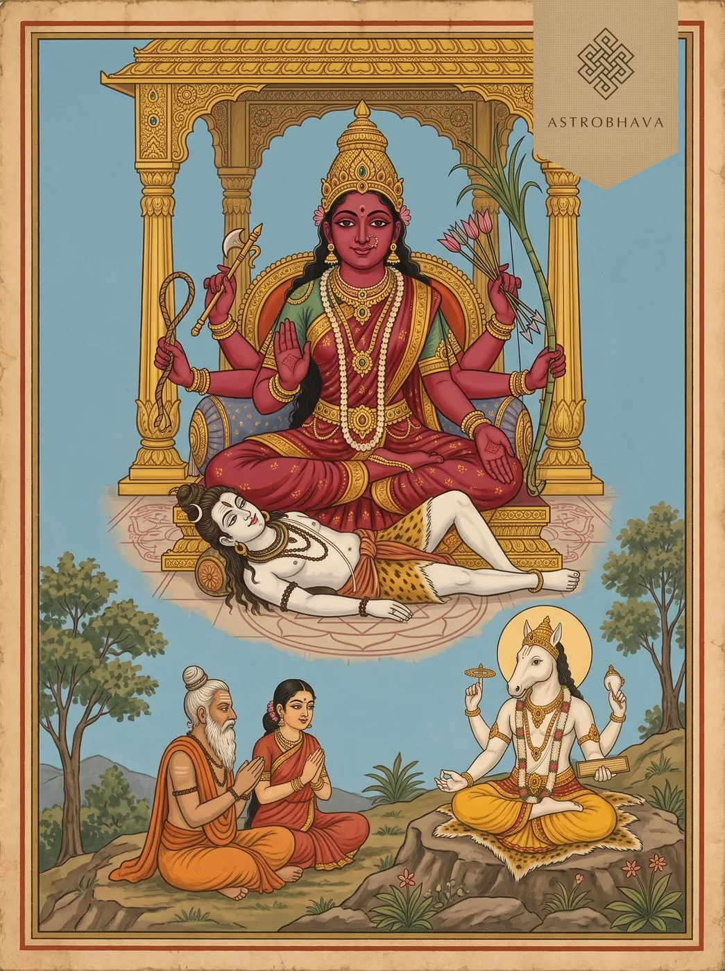 Lalitha Sahasranamam: Goddess Lalita enthroned above as Hayagriva teaches sage Agastya and Lopamudra