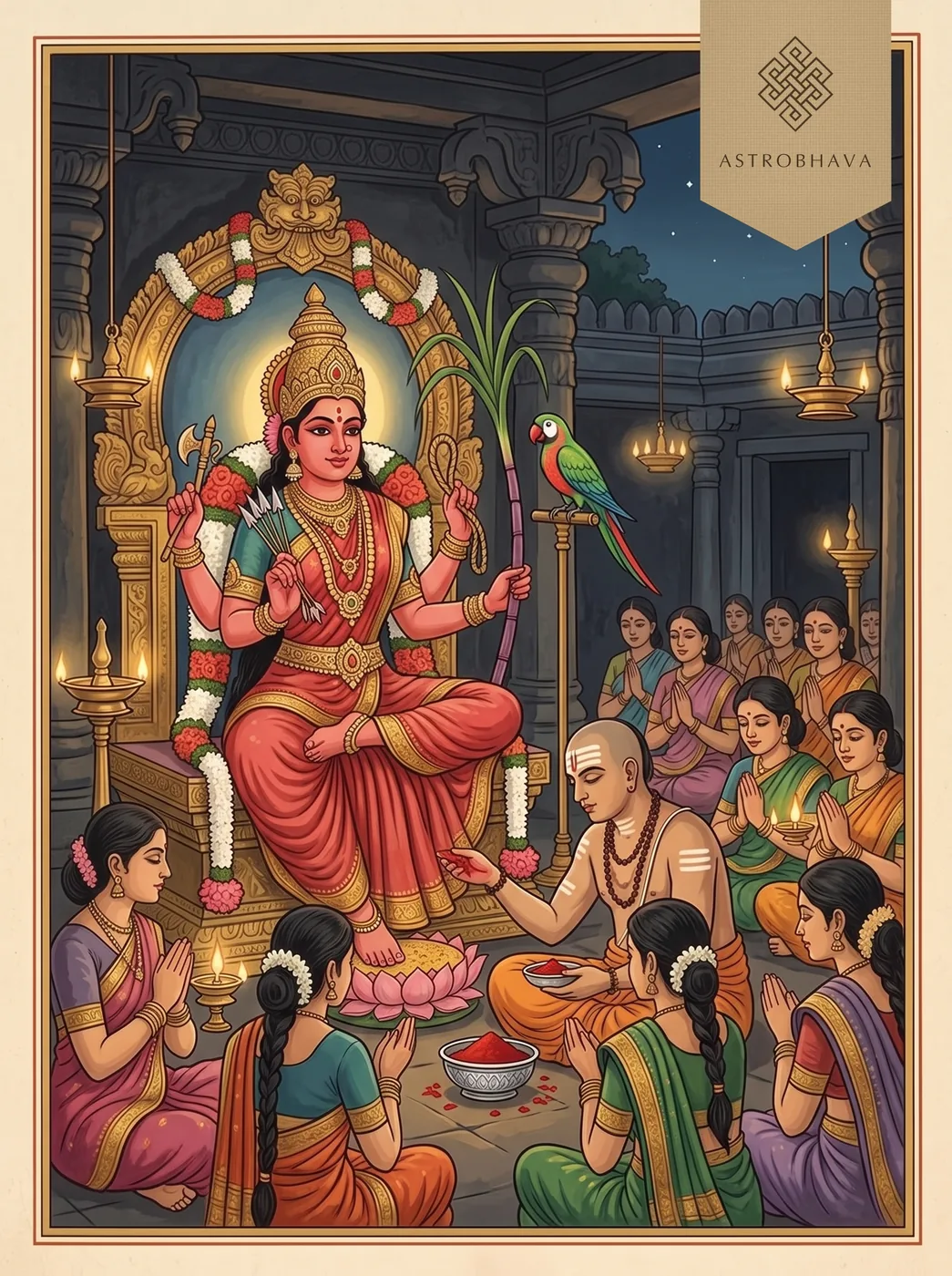 Lalitha Trishati: a priest offering kumkuma at each of the 300 names before Goddess Kamakshi at Kanchipuram on a Navaratri night