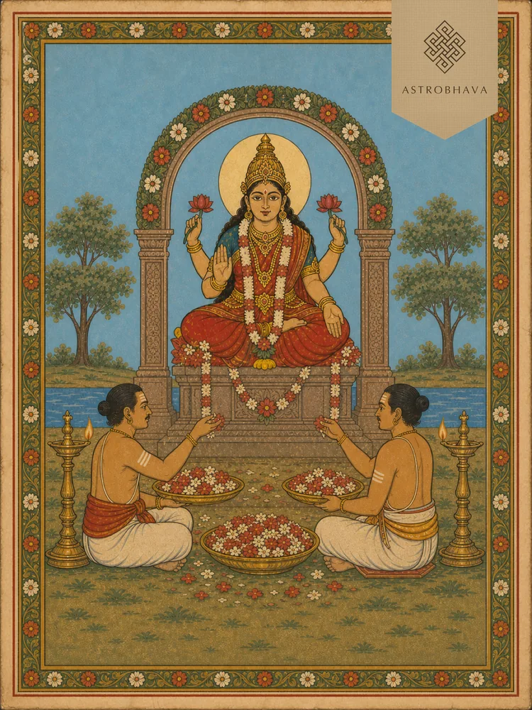 Vintage Indian devotional illustration of two priests performing Latcharchana with abundant red and white flower offerings before Devi