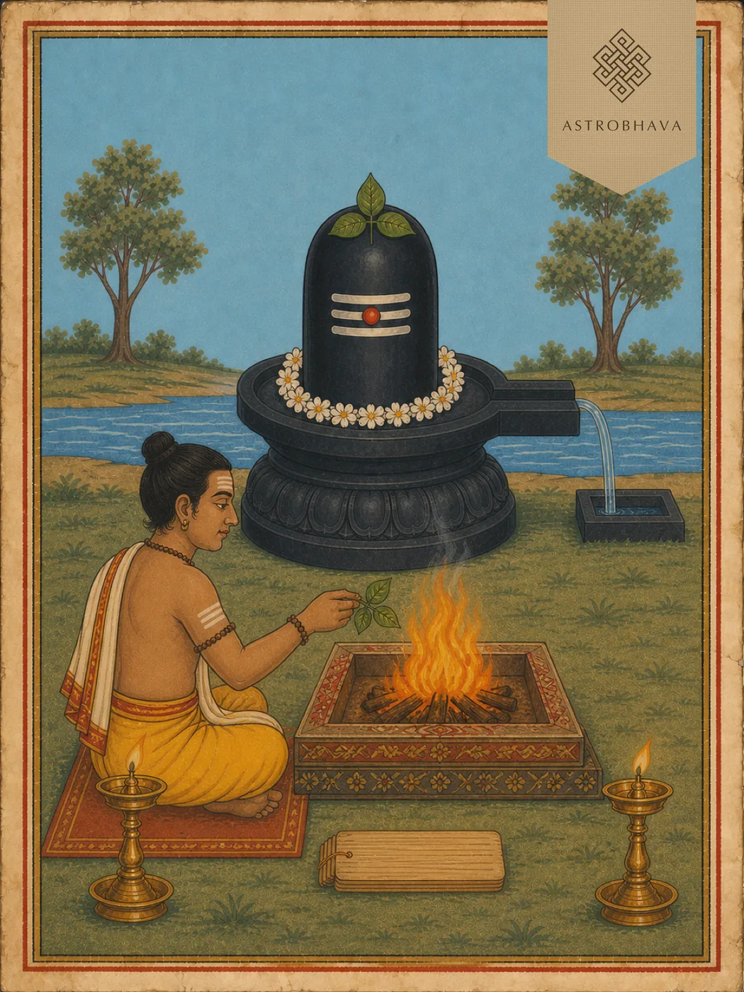 Vintage devotional illustration of a Shiva Lingam with bilva leaves and palm-leaf recitation manuscript for Lingashtakam Homa