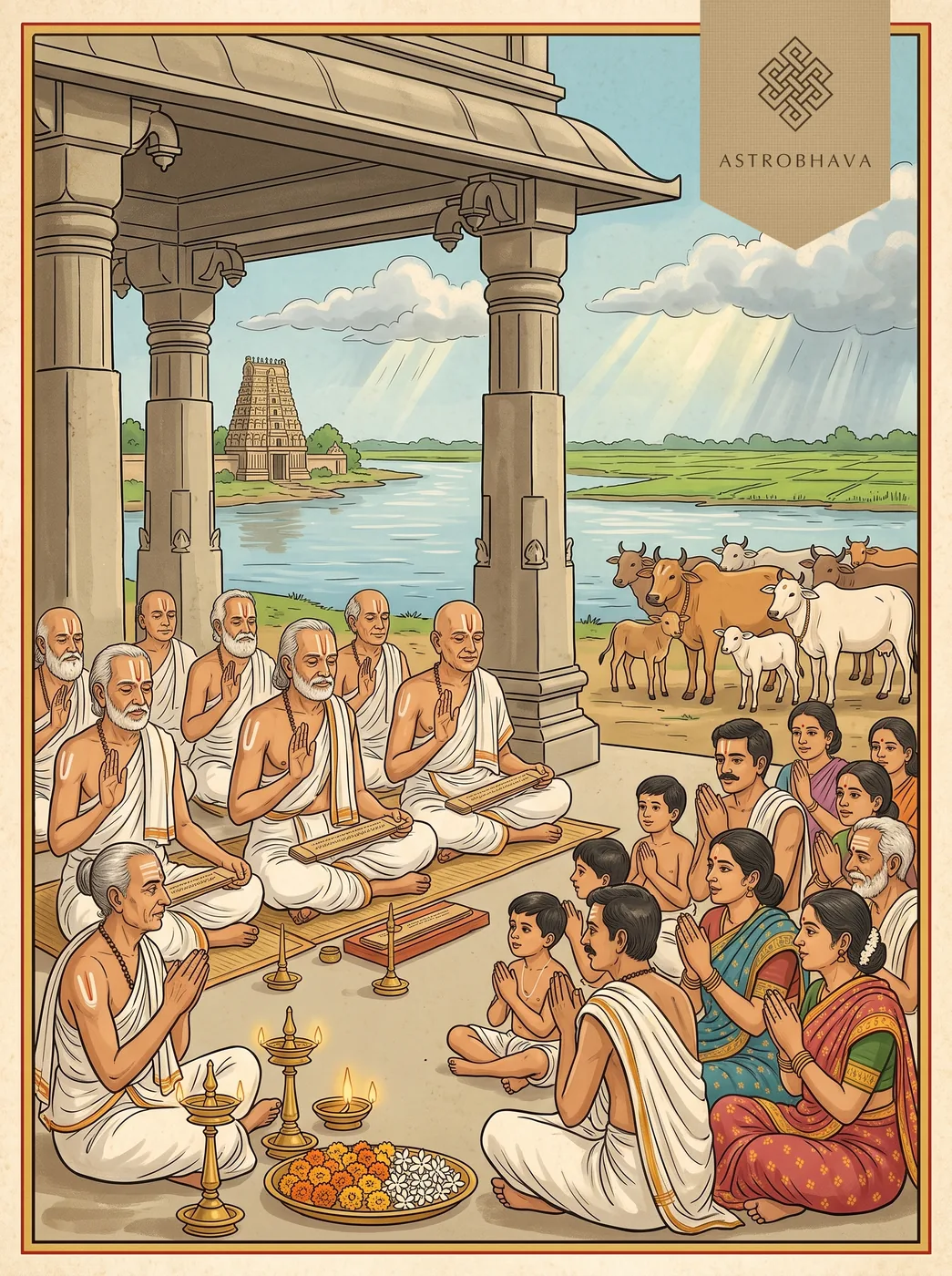 Lokah Samastah Sukhino Bhavantu Mantra: elders closing a Ramayana recitation beside the Kaveri