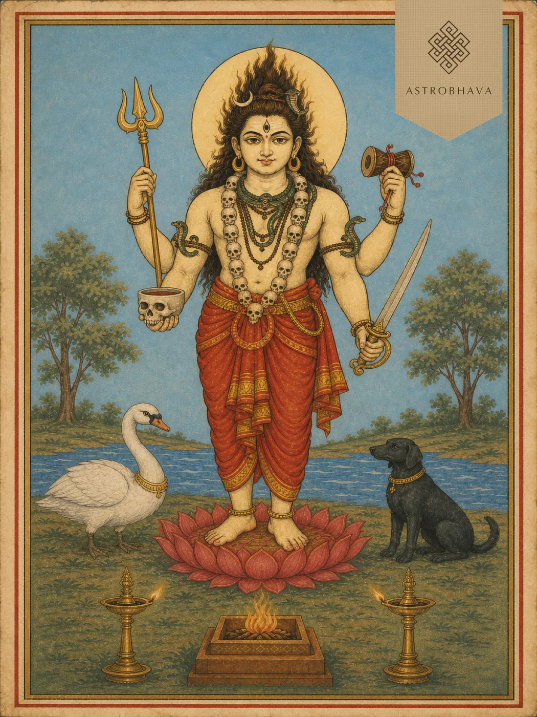 Vintage devotional illustration of four-armed Lord Asitanga Bhairava with a white swan, black dog and Homa altar