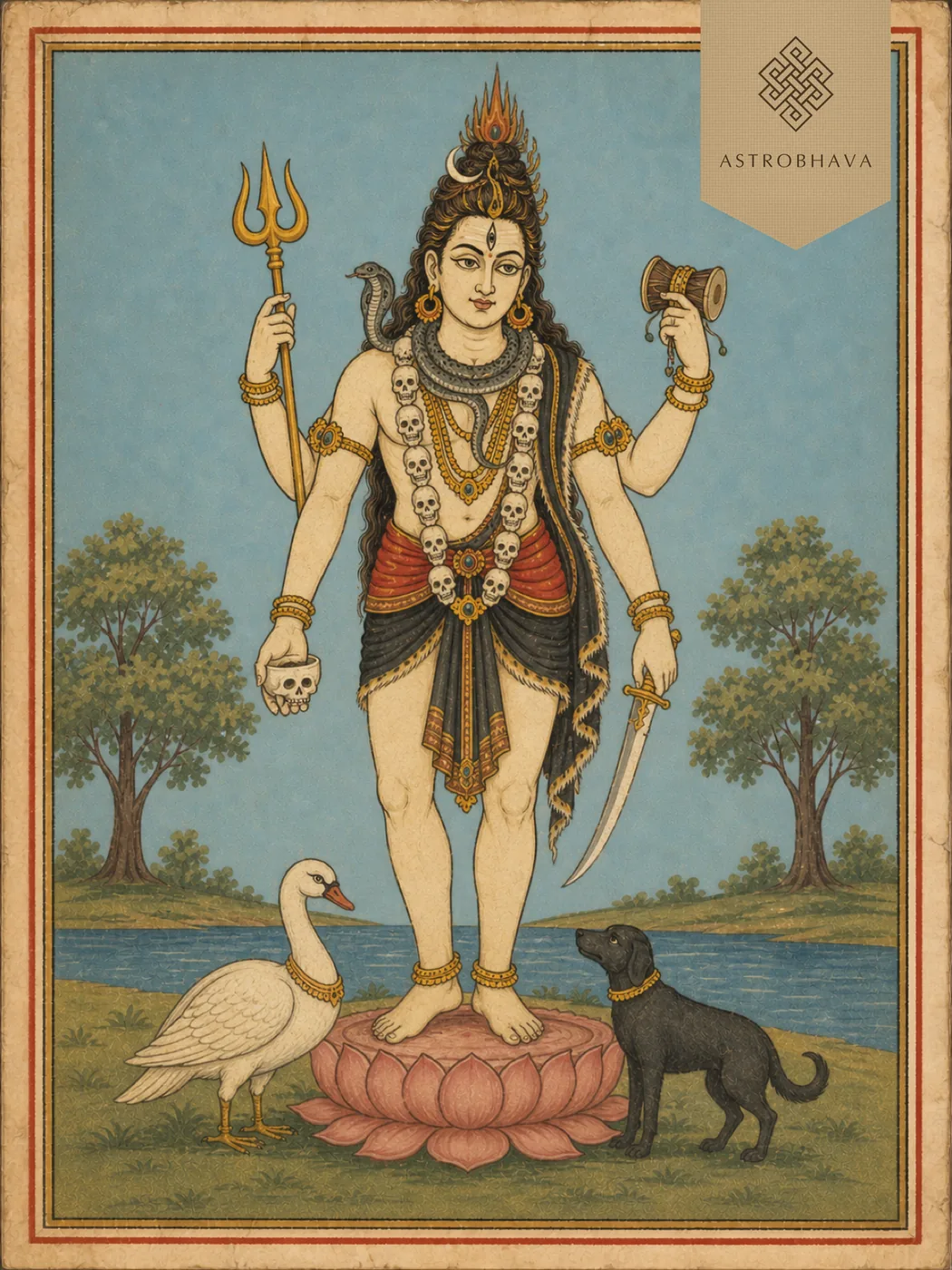 Vintage devotional illustration of four-armed Lord Asitanga Bhairava with a white swan and black dog