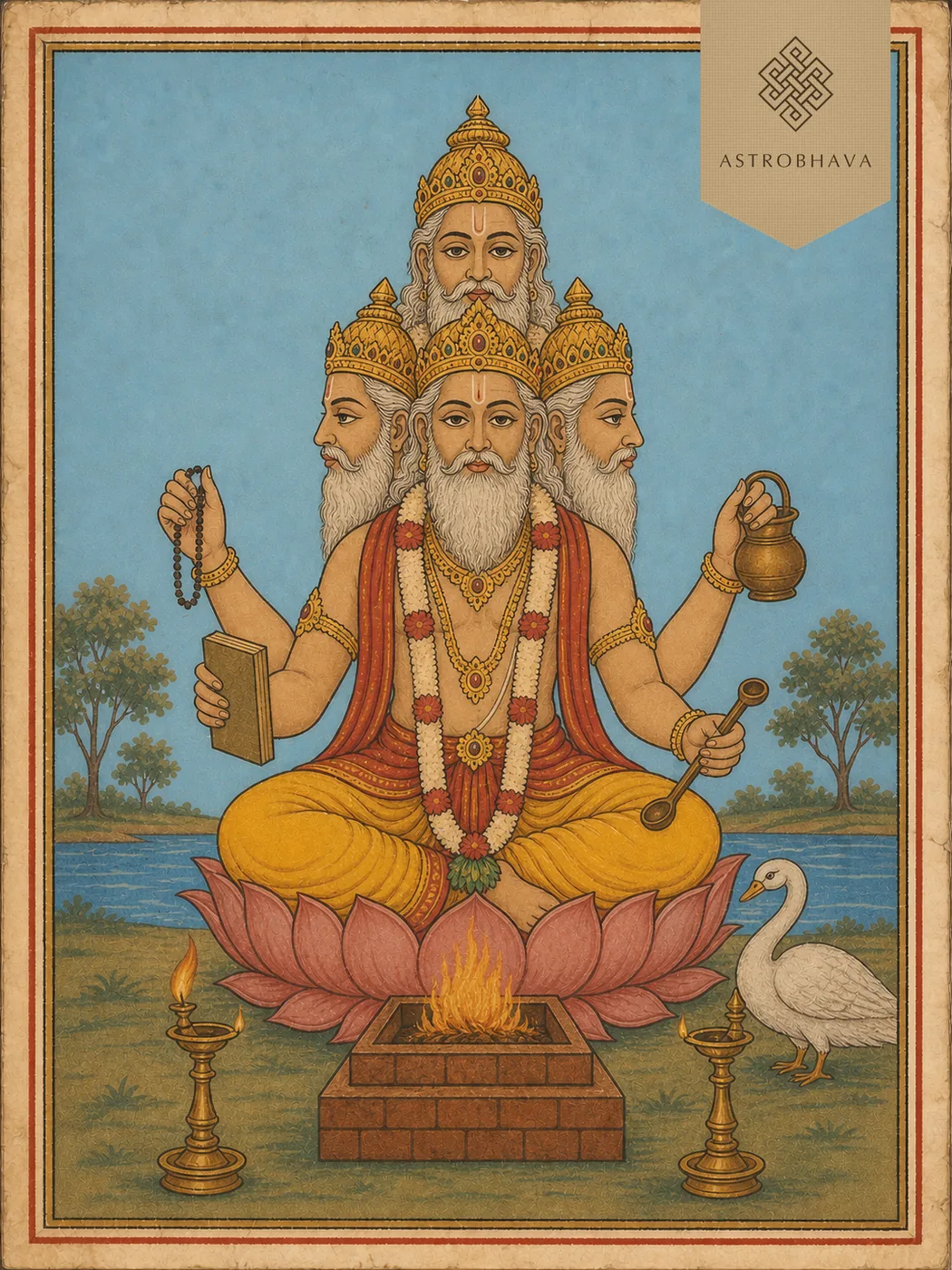 Vintage devotional illustration of four-faced four-armed Lord Brahma with a white swan for Rohini Nakshatra Homa