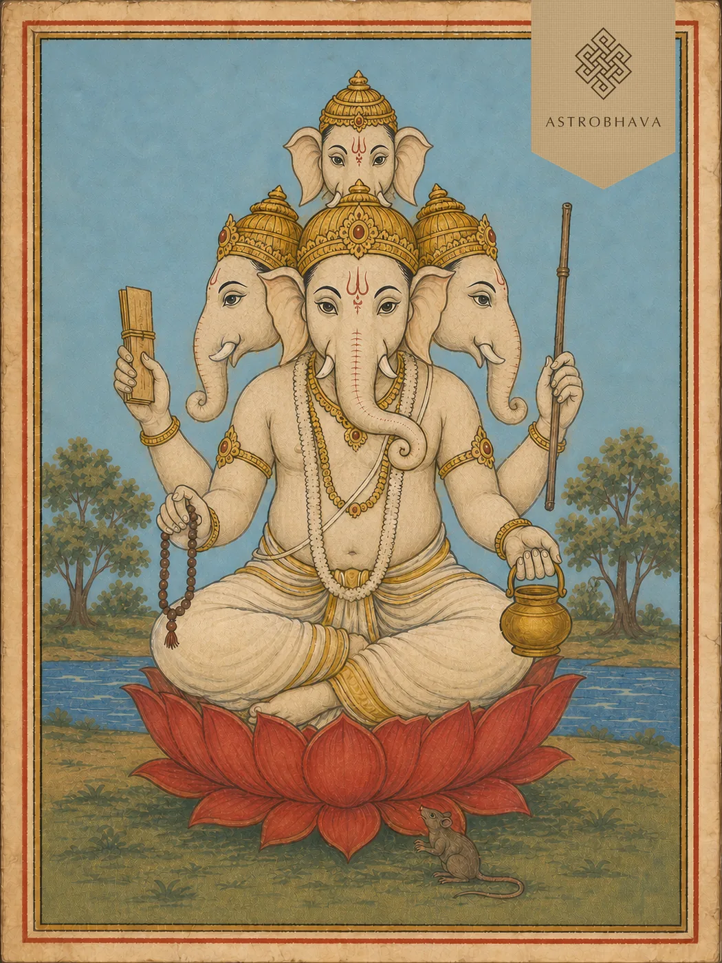 Vintage devotional illustration of moon-white Dwija Ganapathi with four elephant faces and four arms holding manuscript, rosary, staff and water pot