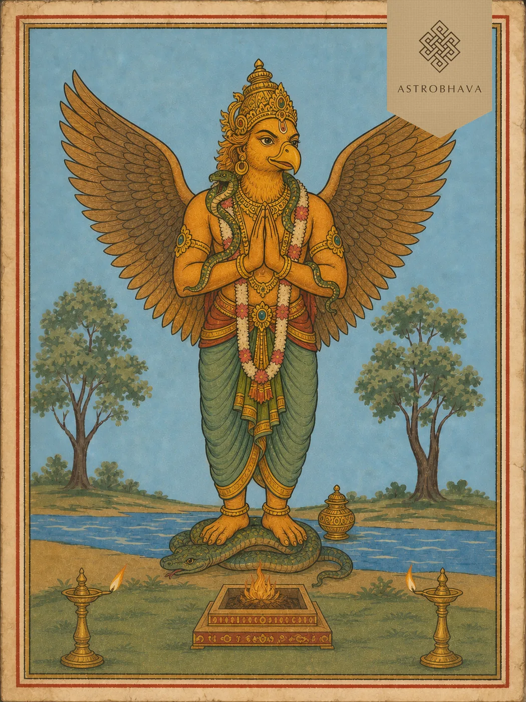 Vintage devotional illustration of eagle-faced Lord Garuda with folded hands and outspread wings