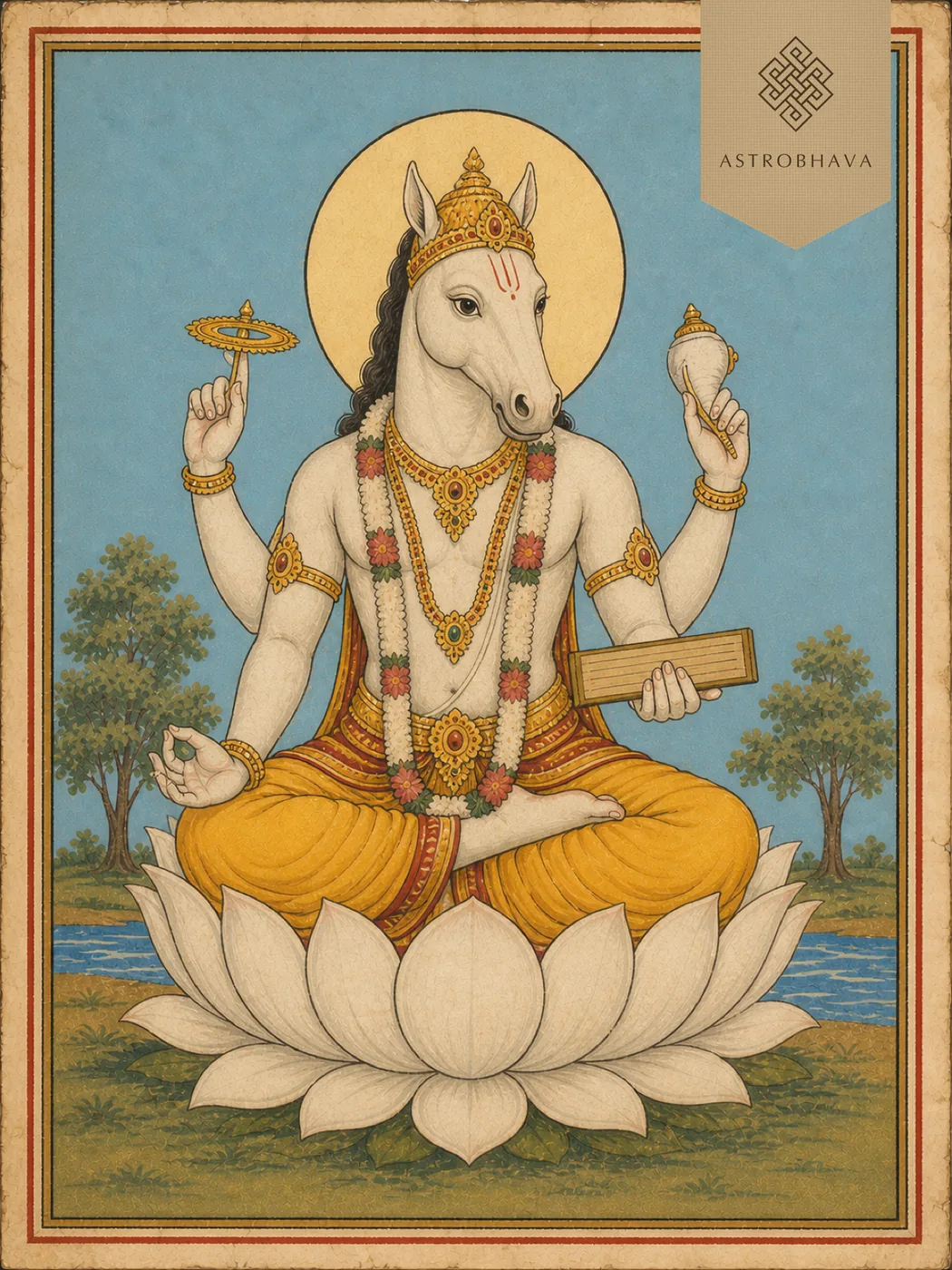 Vintage devotional illustration of four-armed horse-headed Lord Hayagreeva holding a manuscript