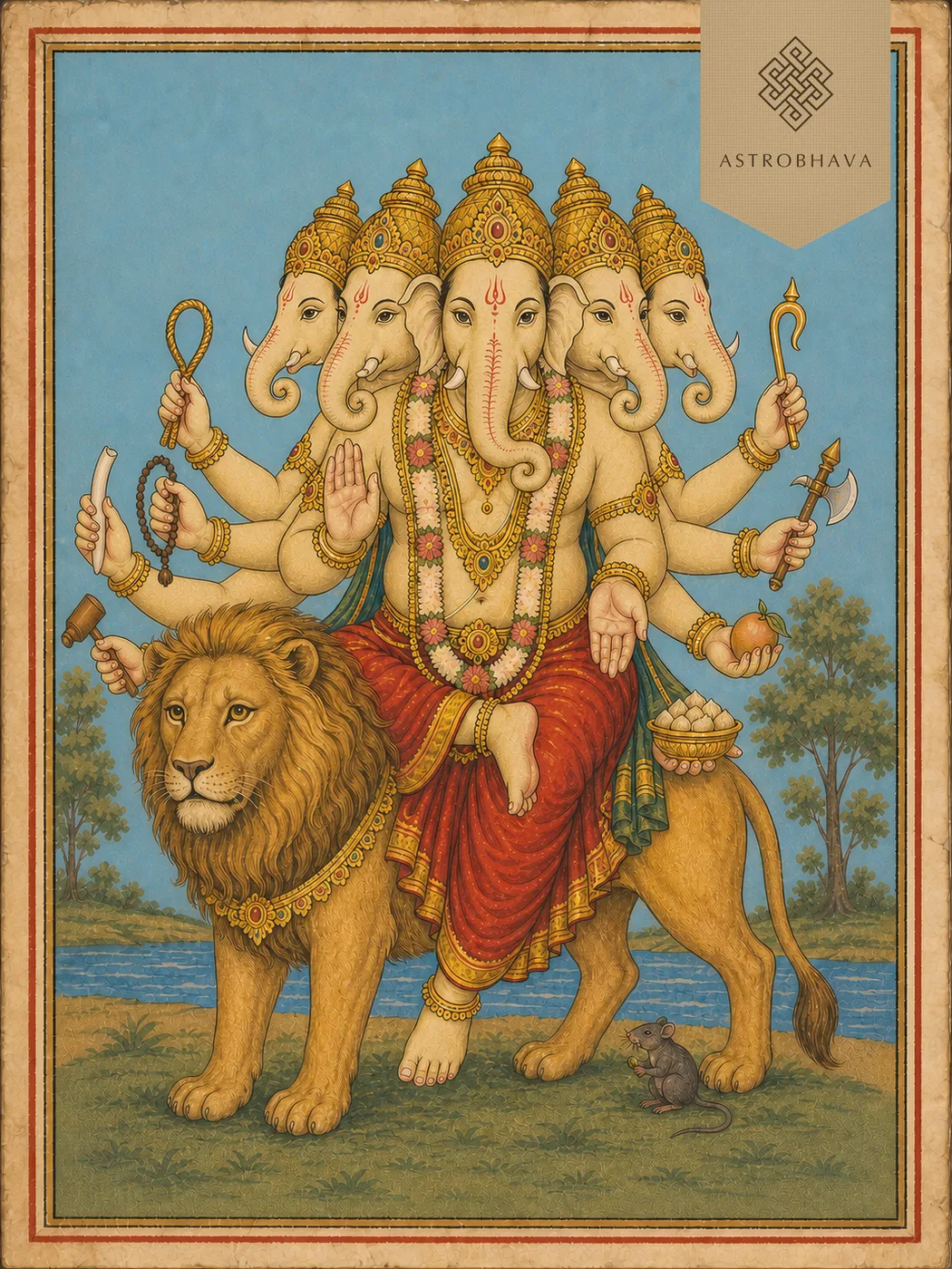 Vintage devotional illustration of Heramba Ganapathi with five elephant faces and ten arms seated on a golden lion with a mouse nearby