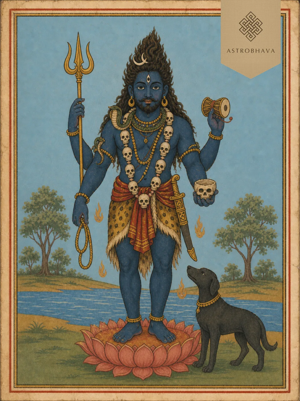 Vintage devotional illustration of four-armed Lord Kala Bhairava with a black dog