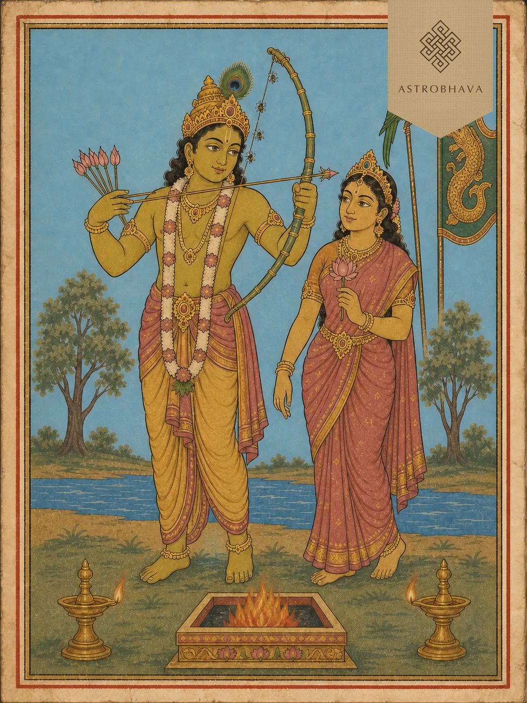 Vintage devotional illustration of Lord Kamadeva and Goddess Rati with sugarcane bow, flower arrows and makara banner