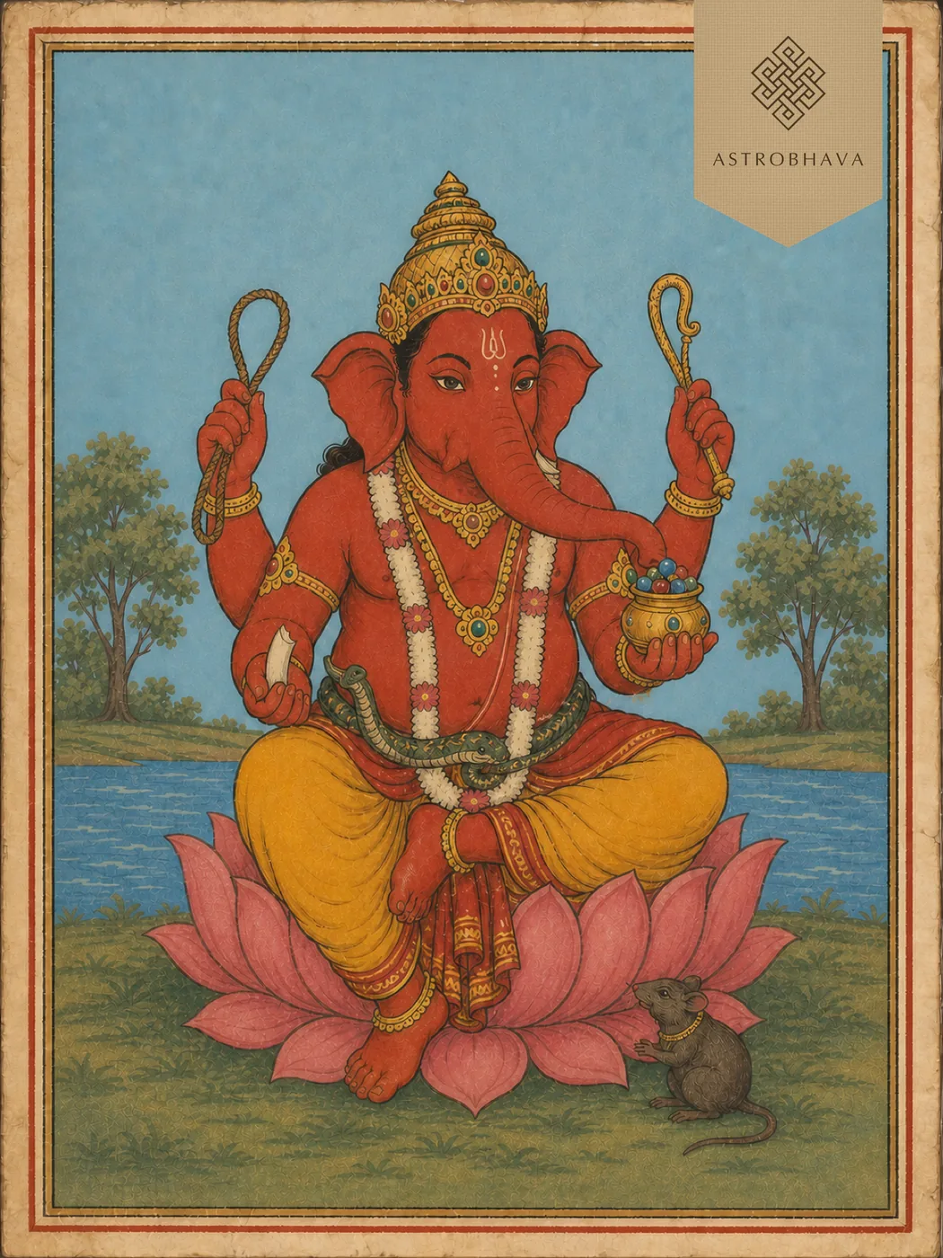 Vintage devotional illustration of four-armed Lord Kshipra Ganapathi holding a jewel pot