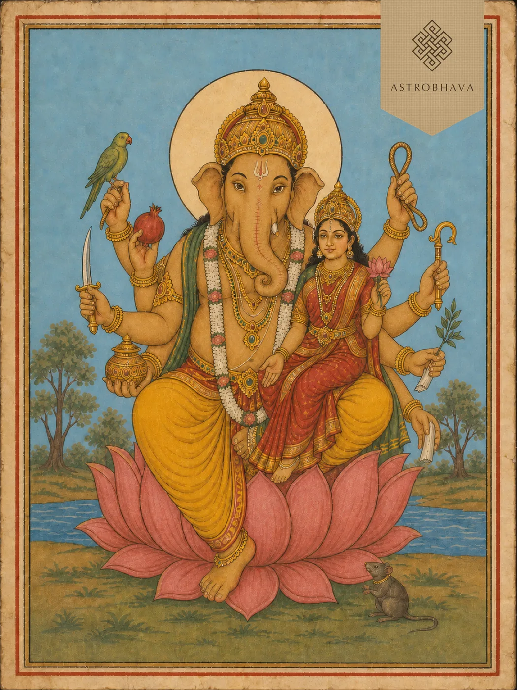 Vintage devotional illustration of eight-armed Lord Lakshmi Ganapathi with two-armed Goddess Lakshmi