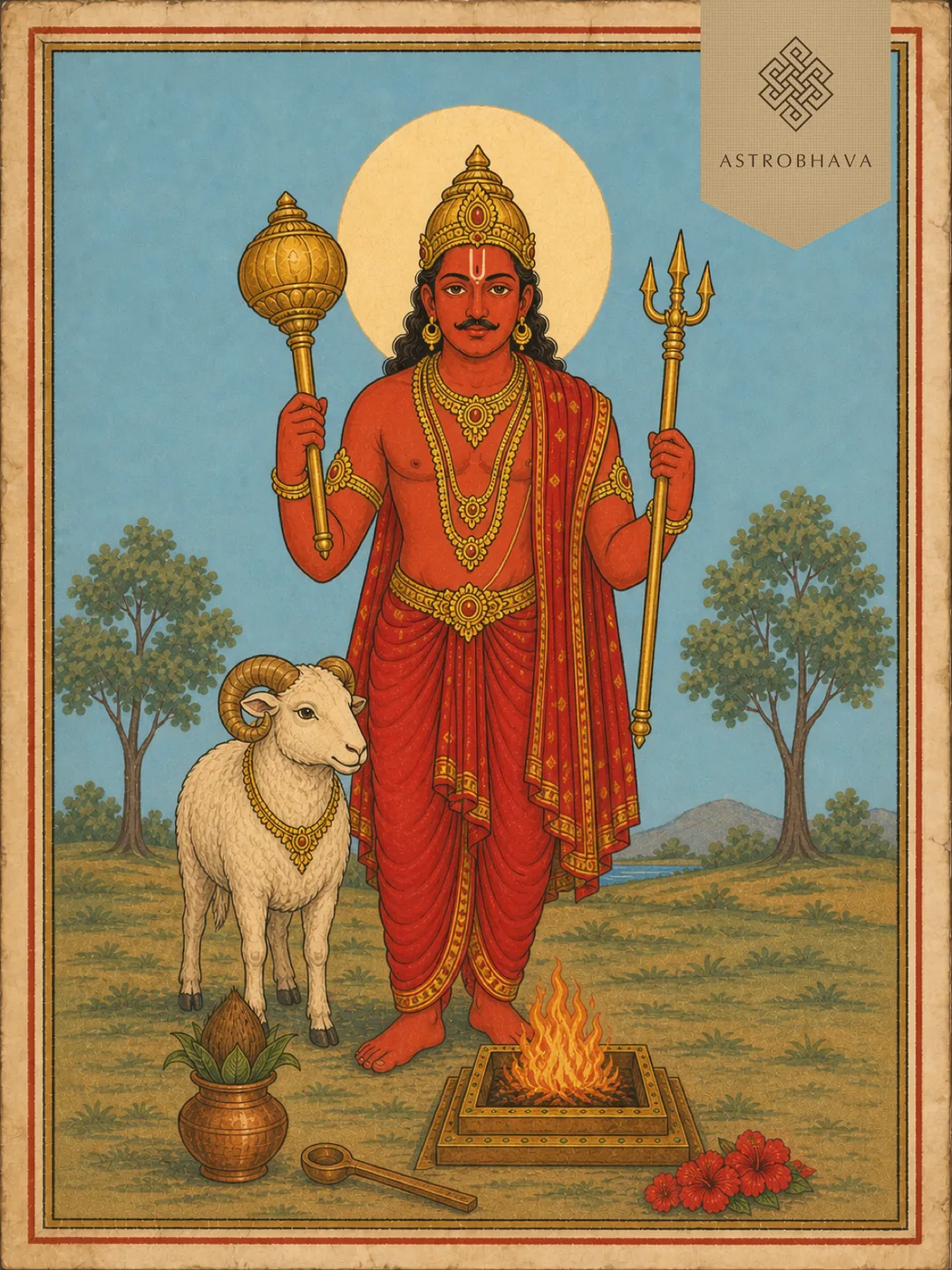 Vintage devotional illustration of red-complexioned Lord Mangala with a club, three-pronged mace and ram behind a Homa fire altar