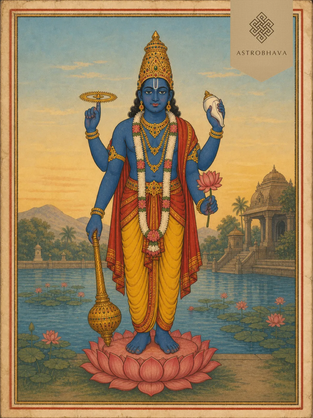 Vintage devotional illustration of four-armed Lord Narayana holding a conch, discus, mace and lotus beside a temple tank