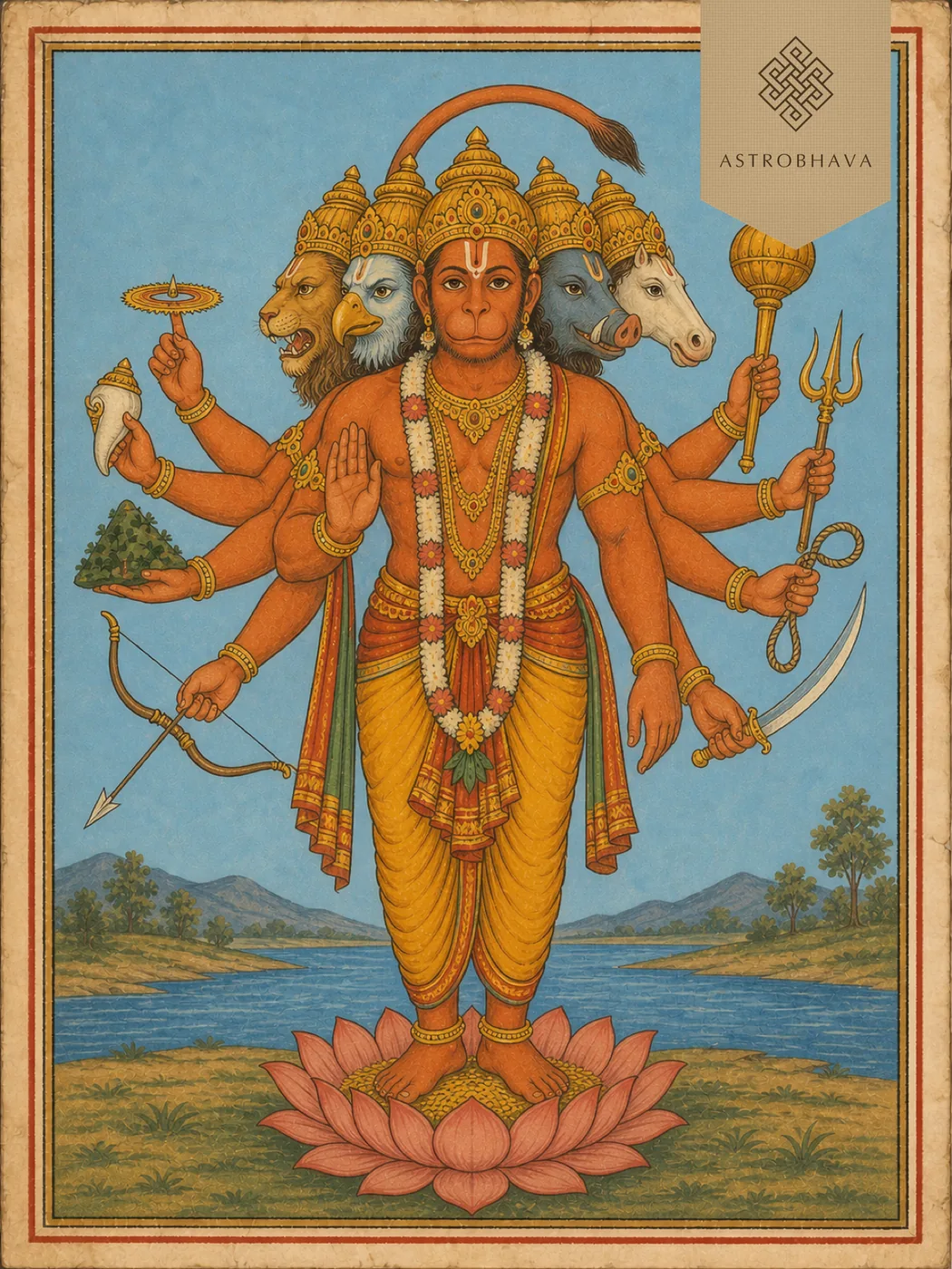 Vintage devotional illustration of five-faced ten-armed Lord Panchamukhi Hanuman