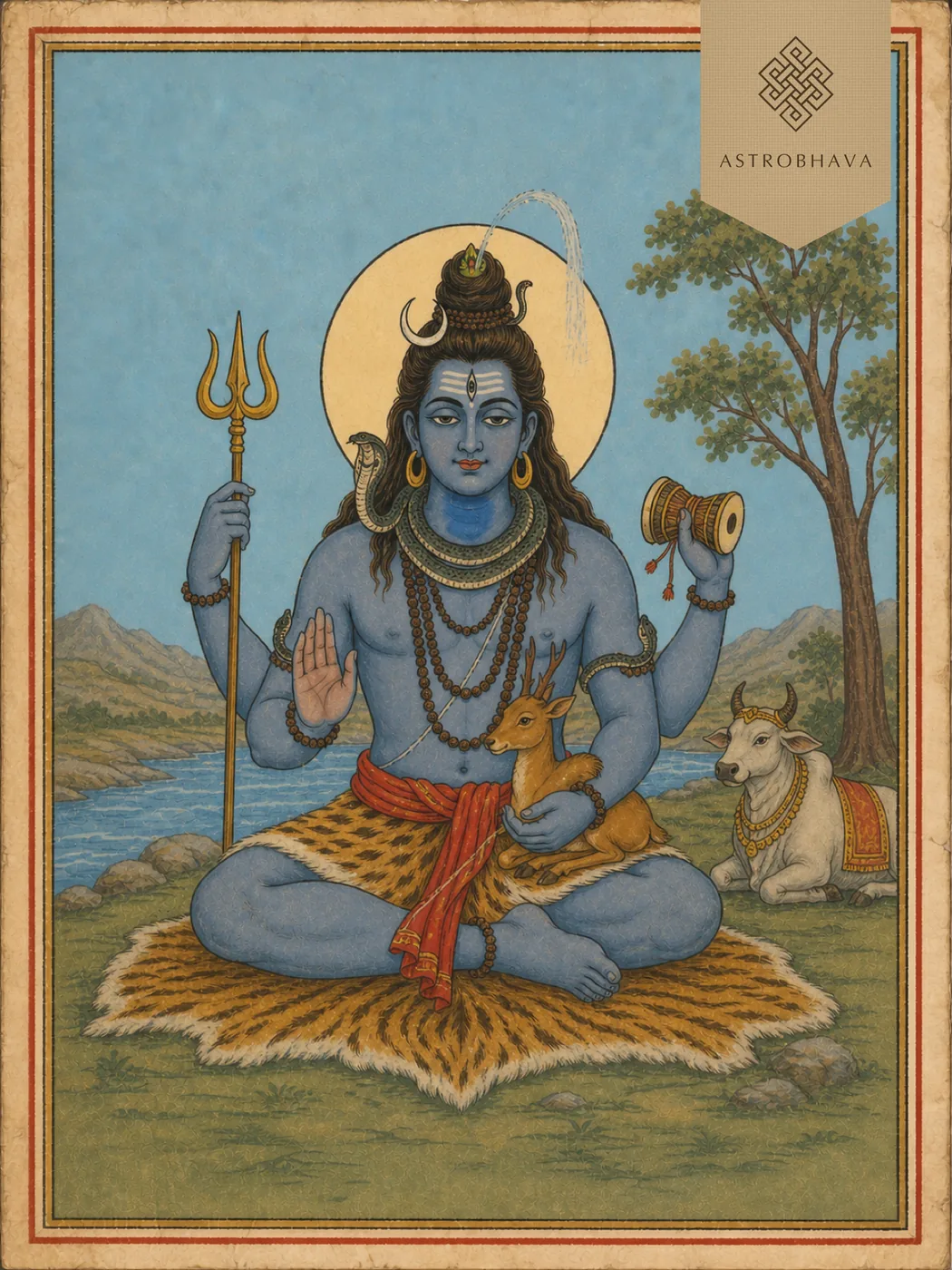 Vintage devotional illustration of four-armed three-eyed Lord Rudra Shiva with Nandi