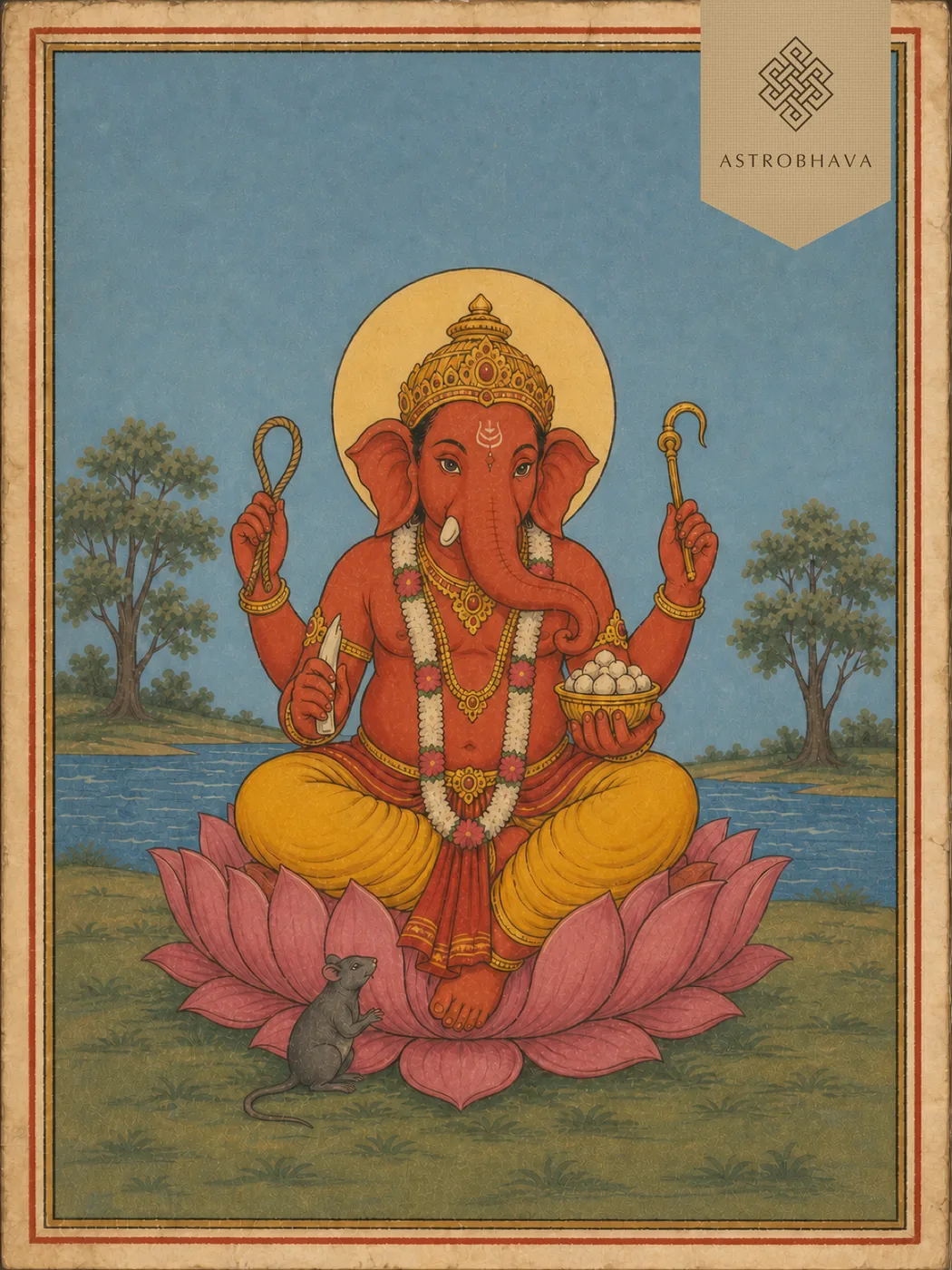 Vintage devotional illustration of four-armed Lord Sankatahara Ganapathi beneath a crescent moon