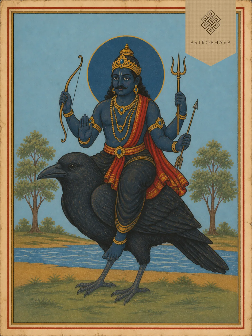 Vintage devotional illustration of four-armed Lord Shani Saturn riding a black crow
