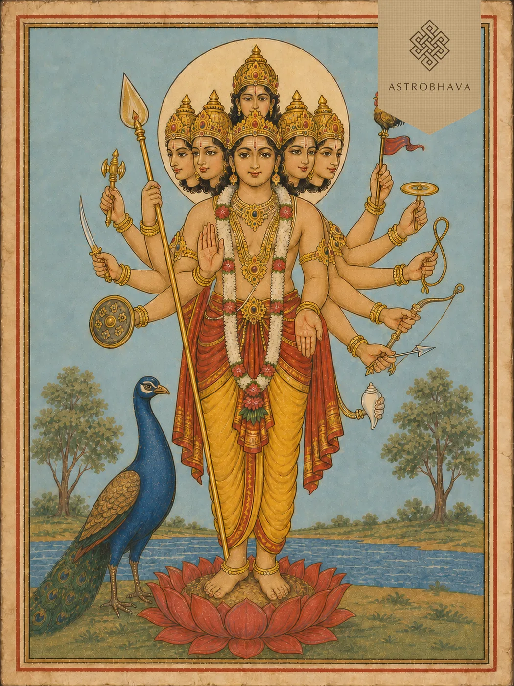 Vintage devotional illustration of Lord Shanmukha with exactly six faces and twelve arms holding a vel and traditional attributes beside one peacock