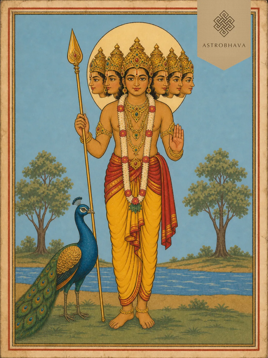Vintage devotional illustration of six-faced Lord Shanmukha holding a vel beside one peacock in a riverside landscape