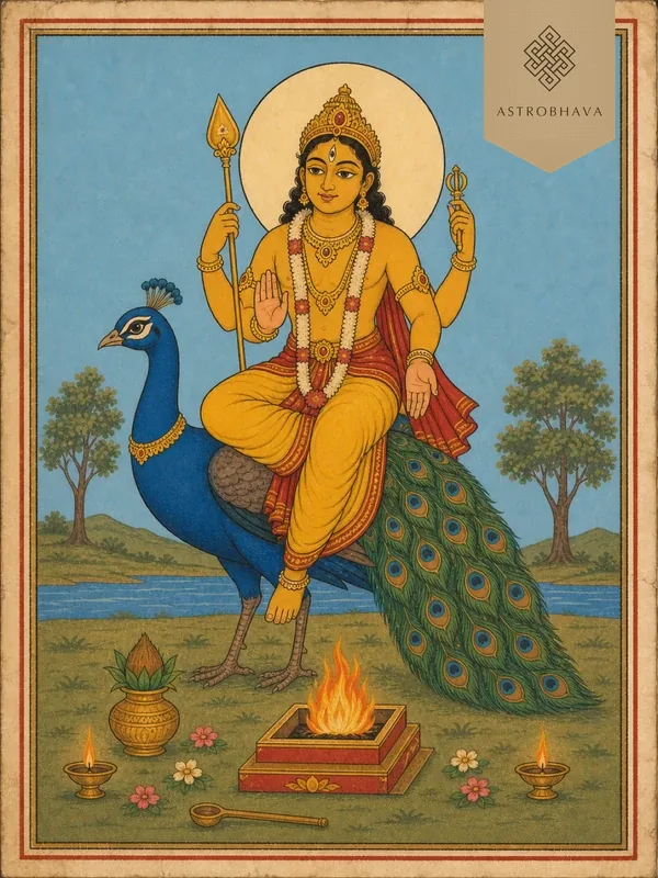Vintage devotional illustration of four-armed Lord Skanda seated on one peacock with Vel, vajra and blessing gestures behind a Homa altar
