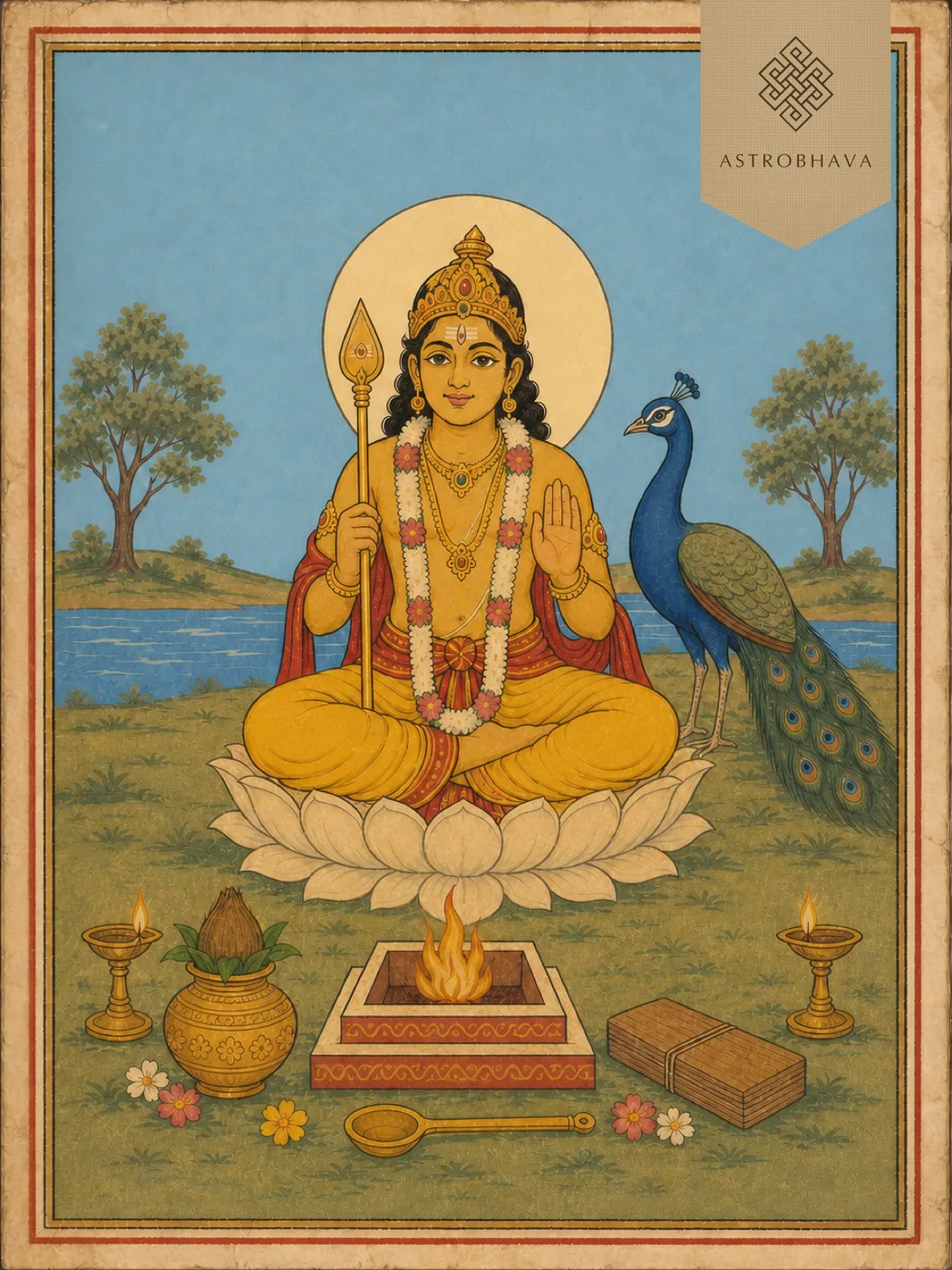 Subramanya Ashtaka Homa for devotion and clarity of mind: Lord Subrahmanya seated on a lotus with his Vel and peacock