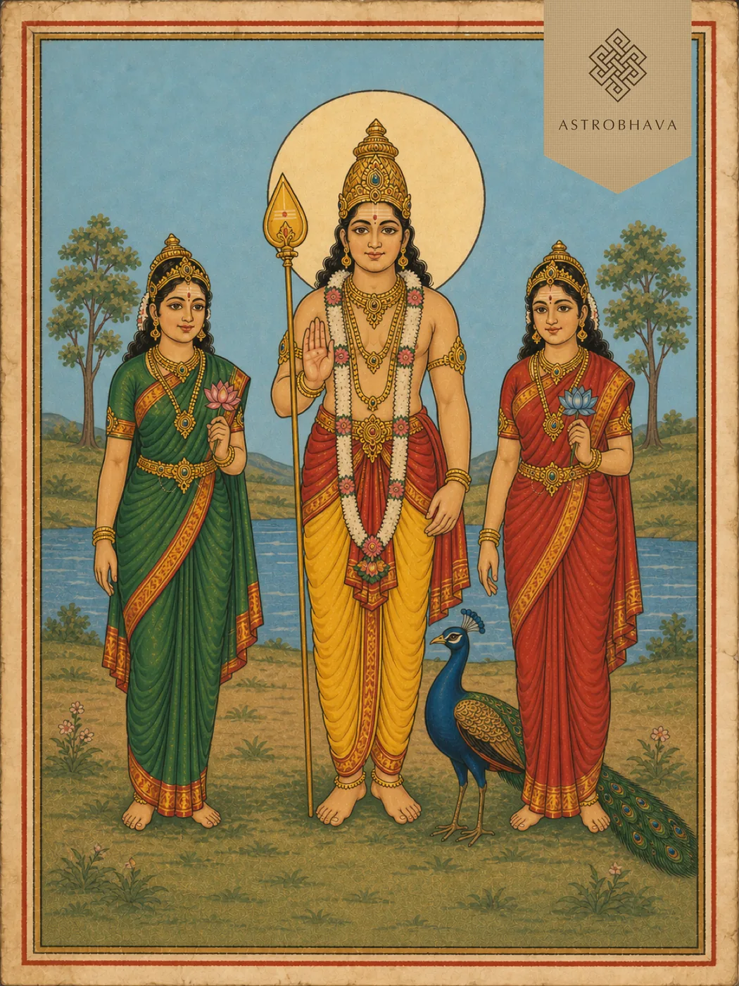Vintage devotional illustration of Lord Subrahmanya standing with Valli, Devasena, a vel and one peacock beside a river