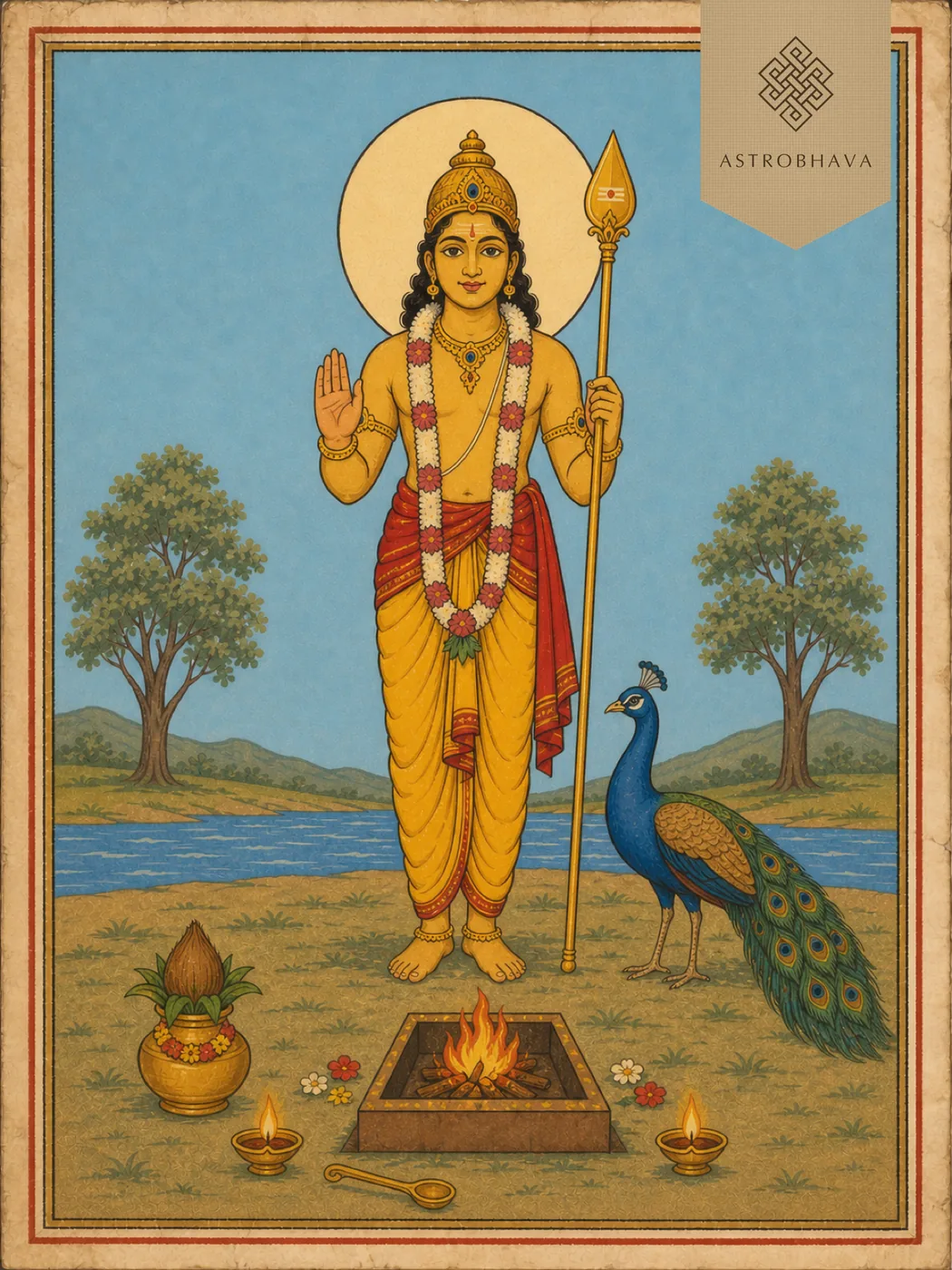 Vintage devotional illustration of two-armed Lord Subramanya standing with one Vel and one peacock behind a Homa fire altar