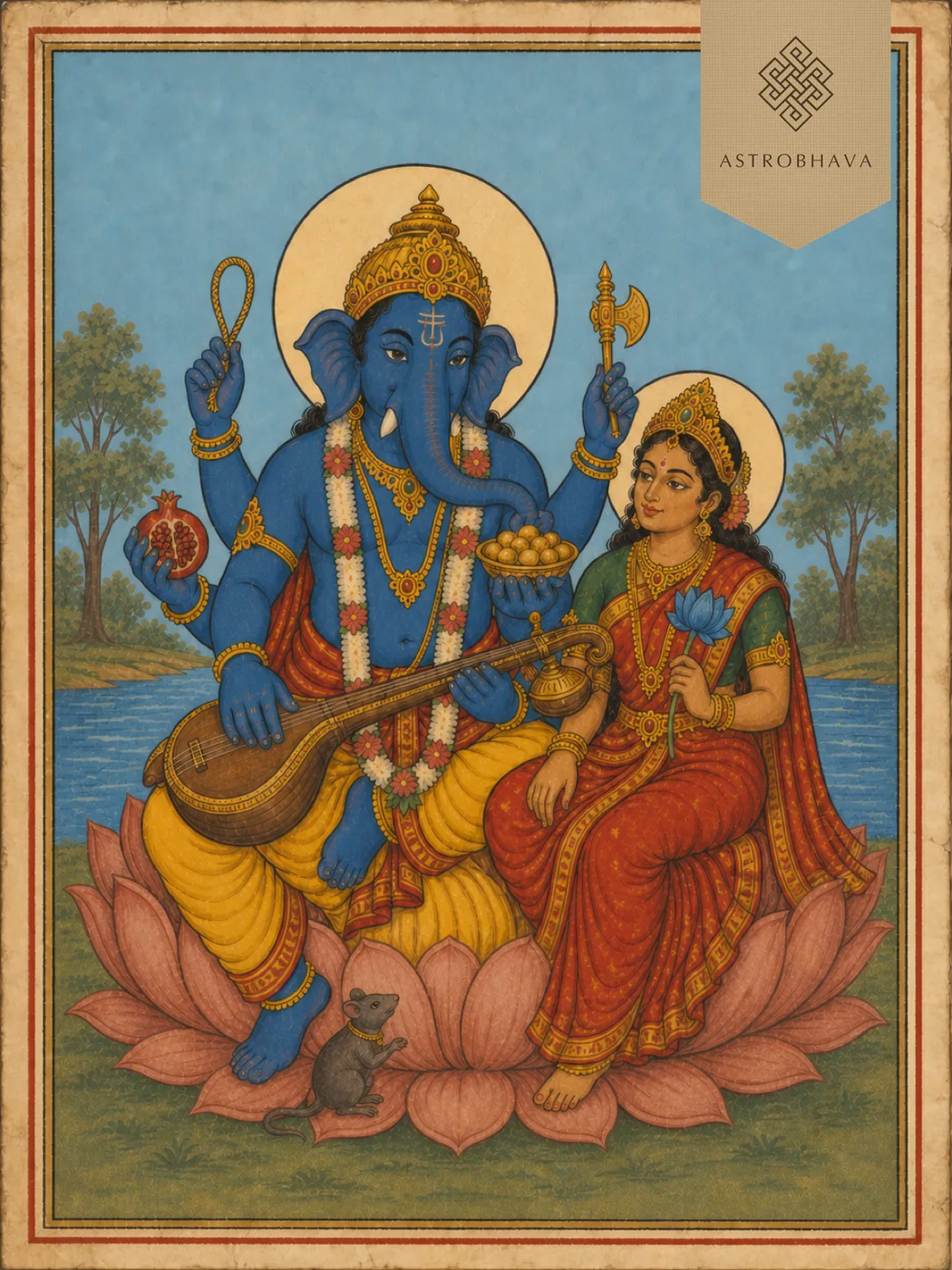 Vintage devotional illustration of six-armed blue Ucchista Ganapathi with Shakti and a veena