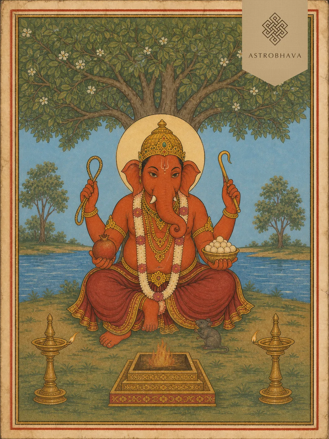 Vintage devotional illustration of four-armed Vancha Kalpa Ganapathi beneath a wish-fulfilling tree