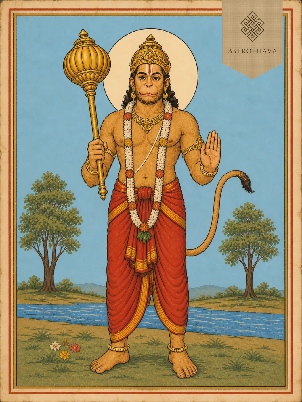 Vintage devotional illustration of warrior-form Lord Veera Hanuman standing with one upright mace and blessing hand beside a river