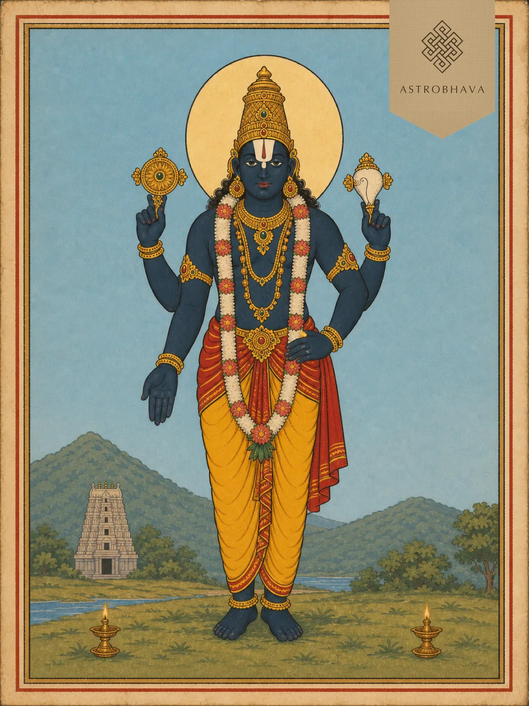 Vintage devotional illustration of Lord Venkateswara standing with conch, discus, varada and kati-hasta before the Tirumala temple hills