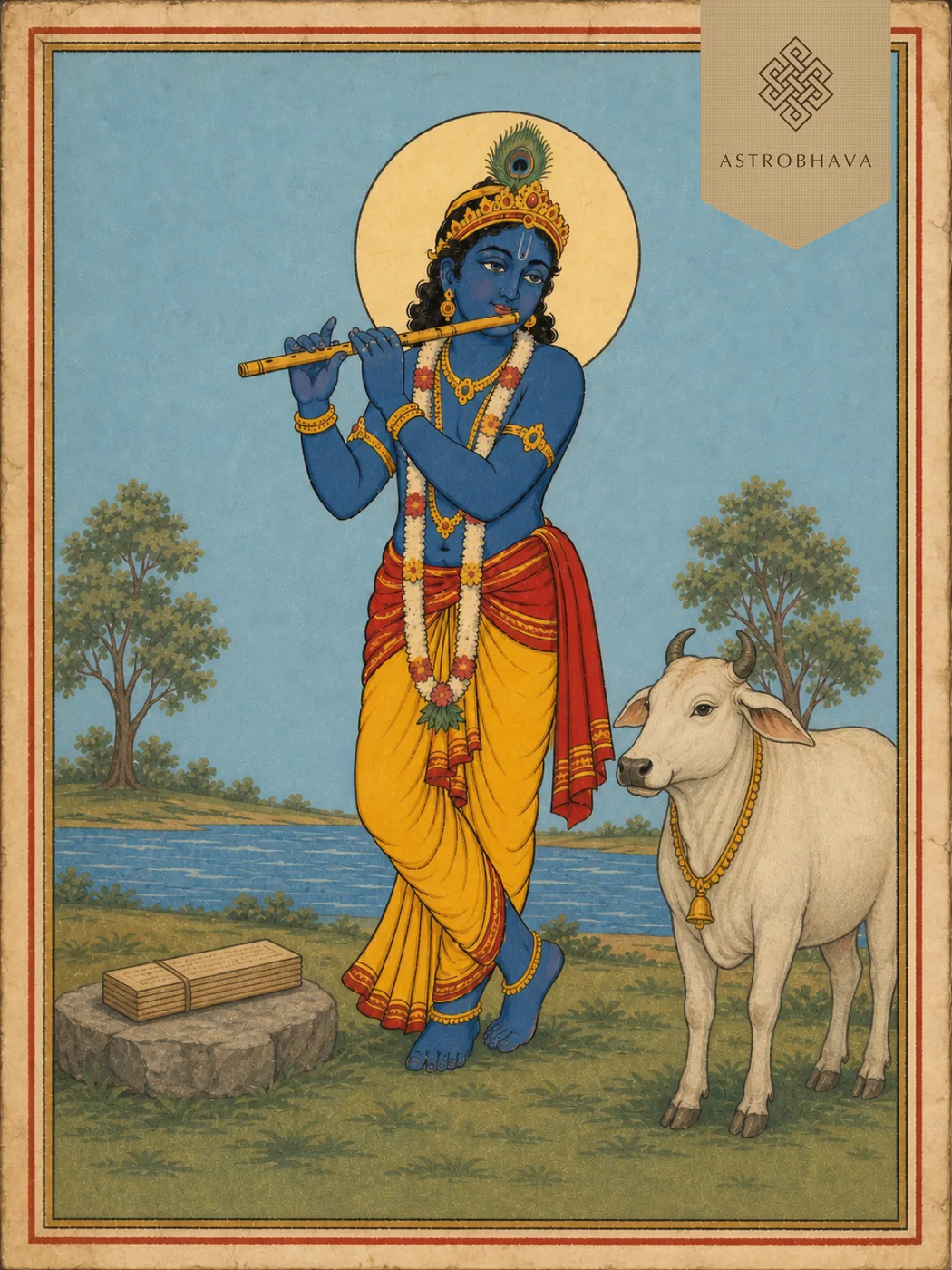 Vintage devotional illustration of Lord Vidya Rajagopala Krishna playing the flute beside a manuscript and white cow