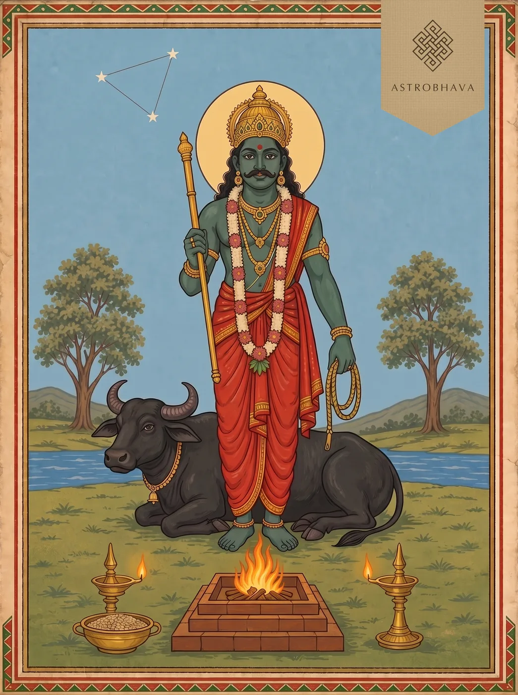 Bharani Nakshatra Homam for birth star blessings: Lord Yama standing with staff and noose under the three stars of Bharani