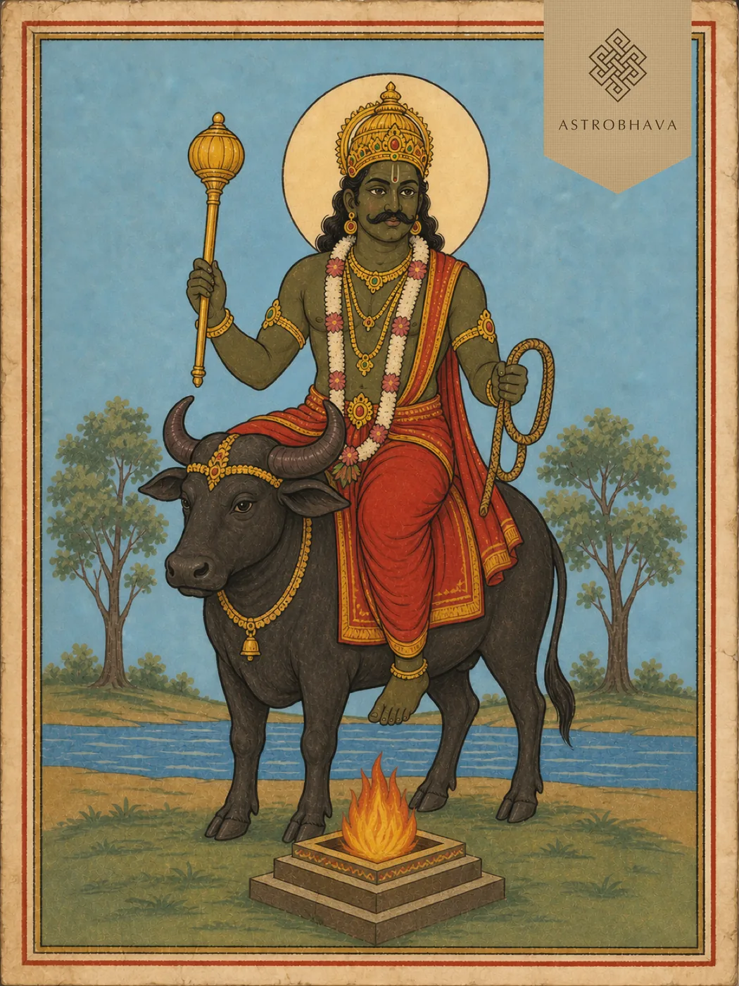 Vintage devotional illustration of human-faced Lord Yamaraja holding a mace and noose while seated on a black buffalo behind a Homa altar