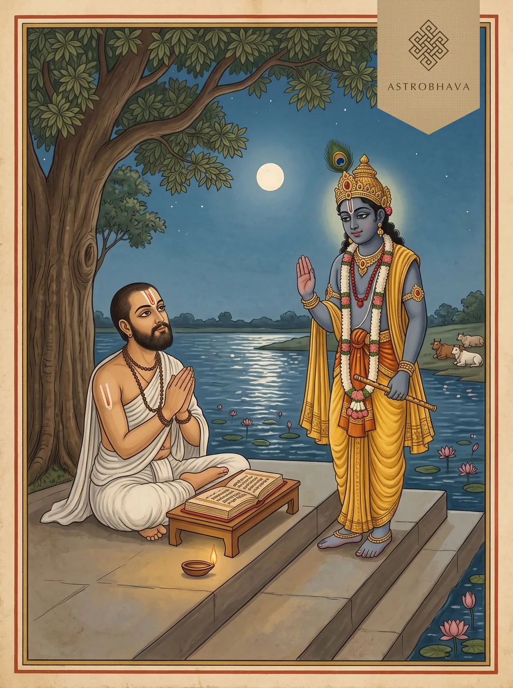 Madhurashtakam: Krishna in yellow silk appearing to Vallabhacharya at midnight on the Yamuna bank at Gokul