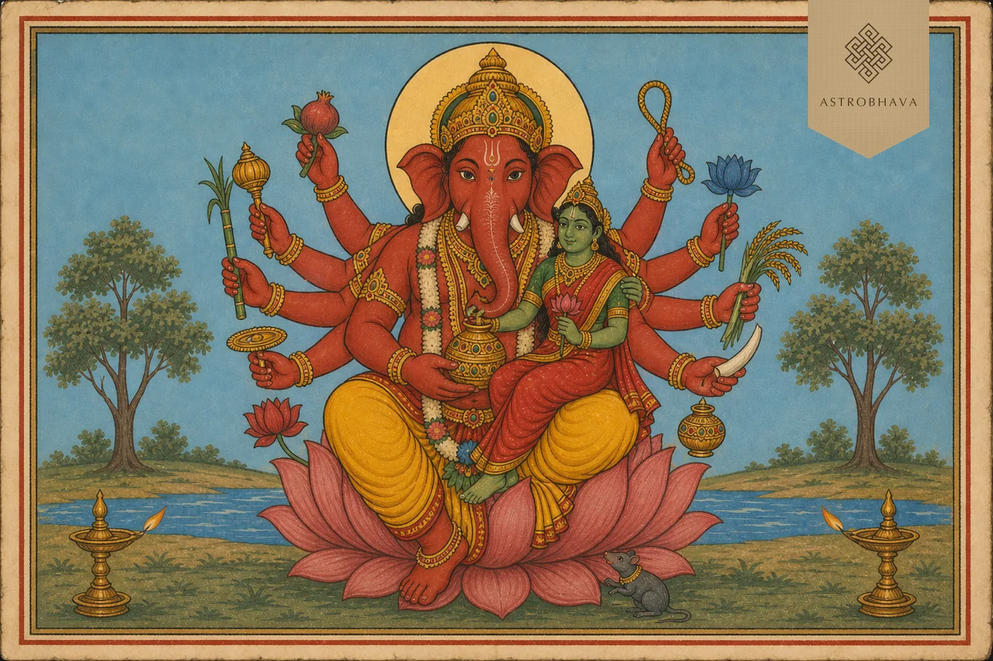 Vintage Indian devotional illustration of ten-armed vermilion Maha Ganapathi seated with green Shakti and traditional attributes