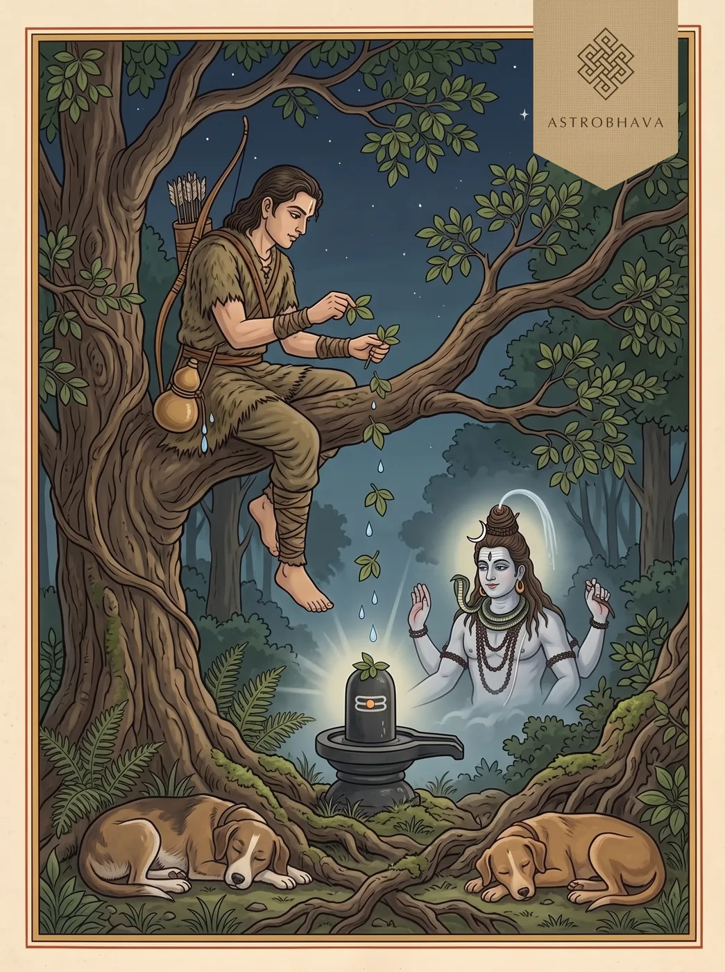 Maha Shivaratri Mantra: a hunter awake all night in a bilva tree letting leaves fall on a Shiva linga as Shiva appears in gentle light
