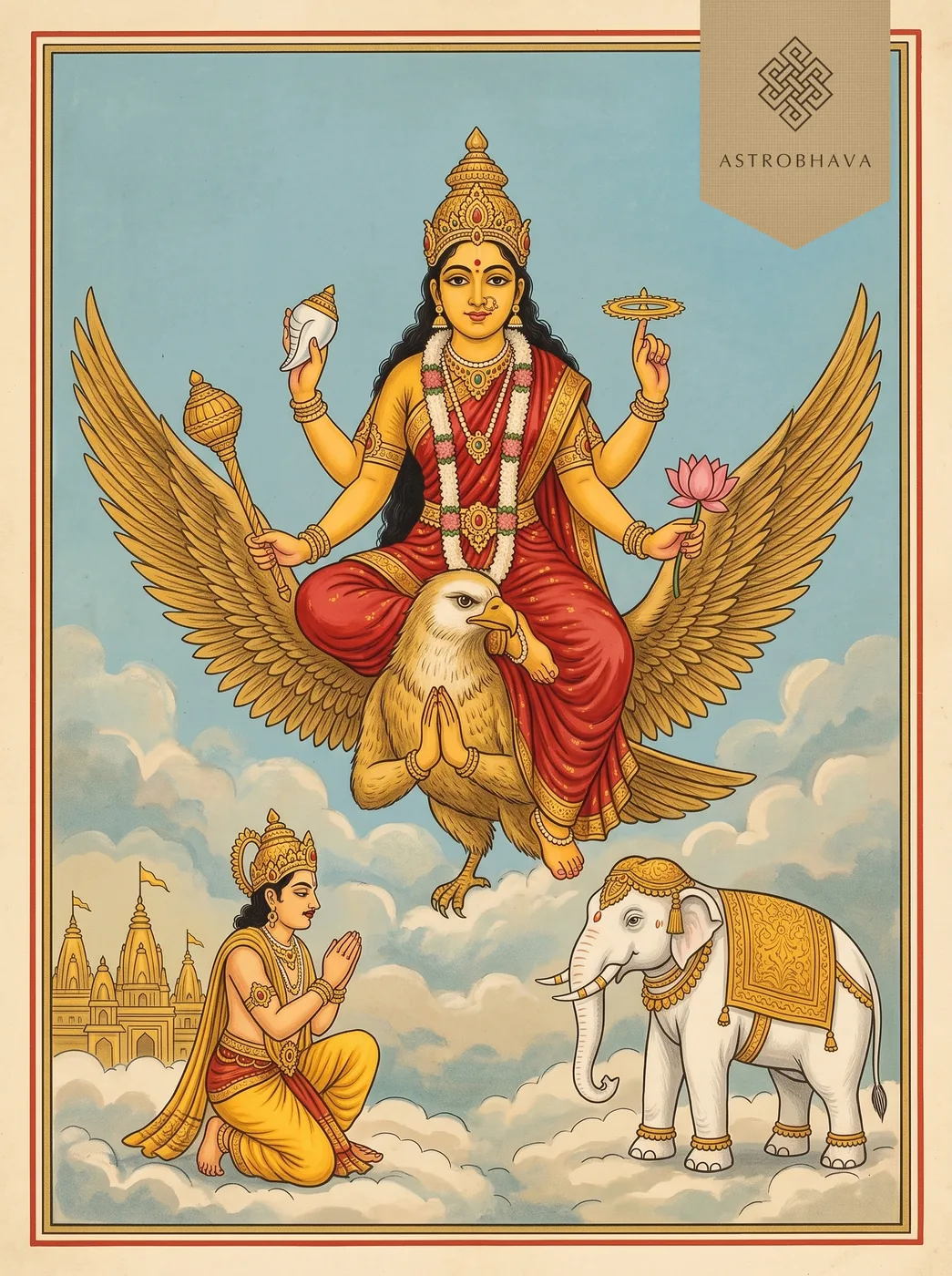 Mahalakshmi Ashtakam: Goddess Mahalakshmi riding Garuda with conch, discus and mace as Indra and Airavata bow