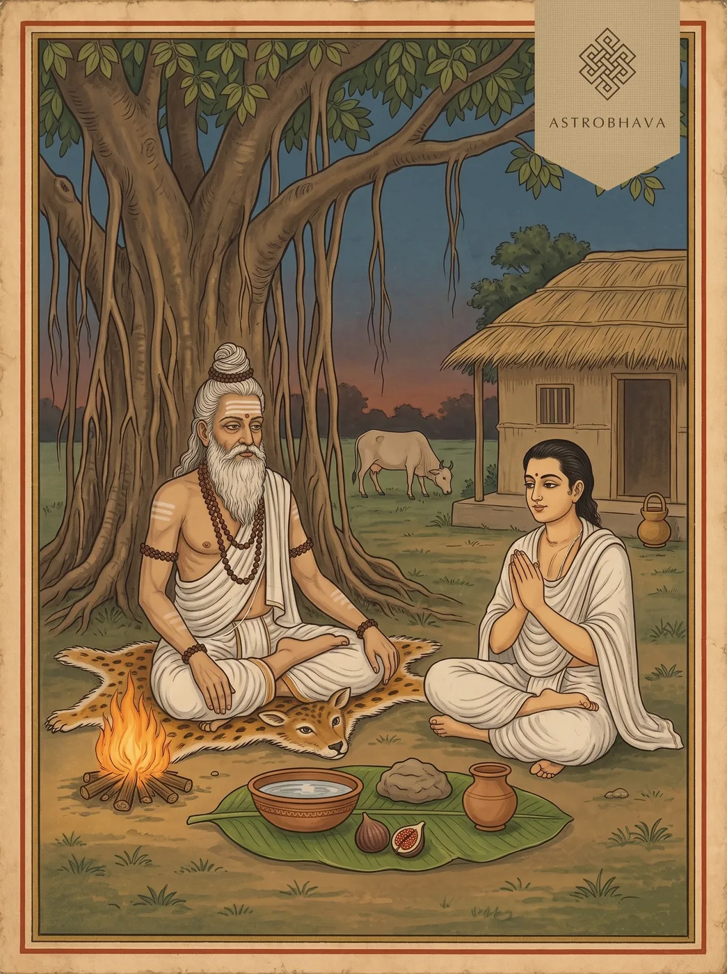 Mahavakyas (Aham Brahmasmi): sage Uddalaka teaching his son Shvetaketu by a fire with a bowl of salt water