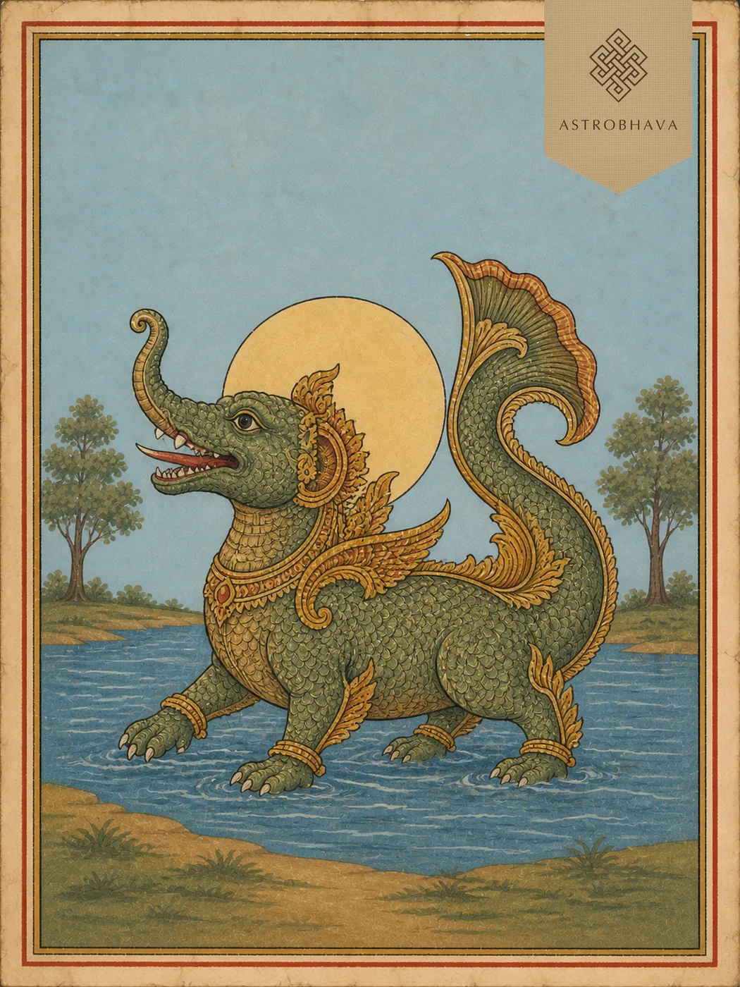 Vintage Indian lithograph illustration of the traditional Makara Capricorn emblem with crocodile head, curling trunk, scaled body and fish tail in a river