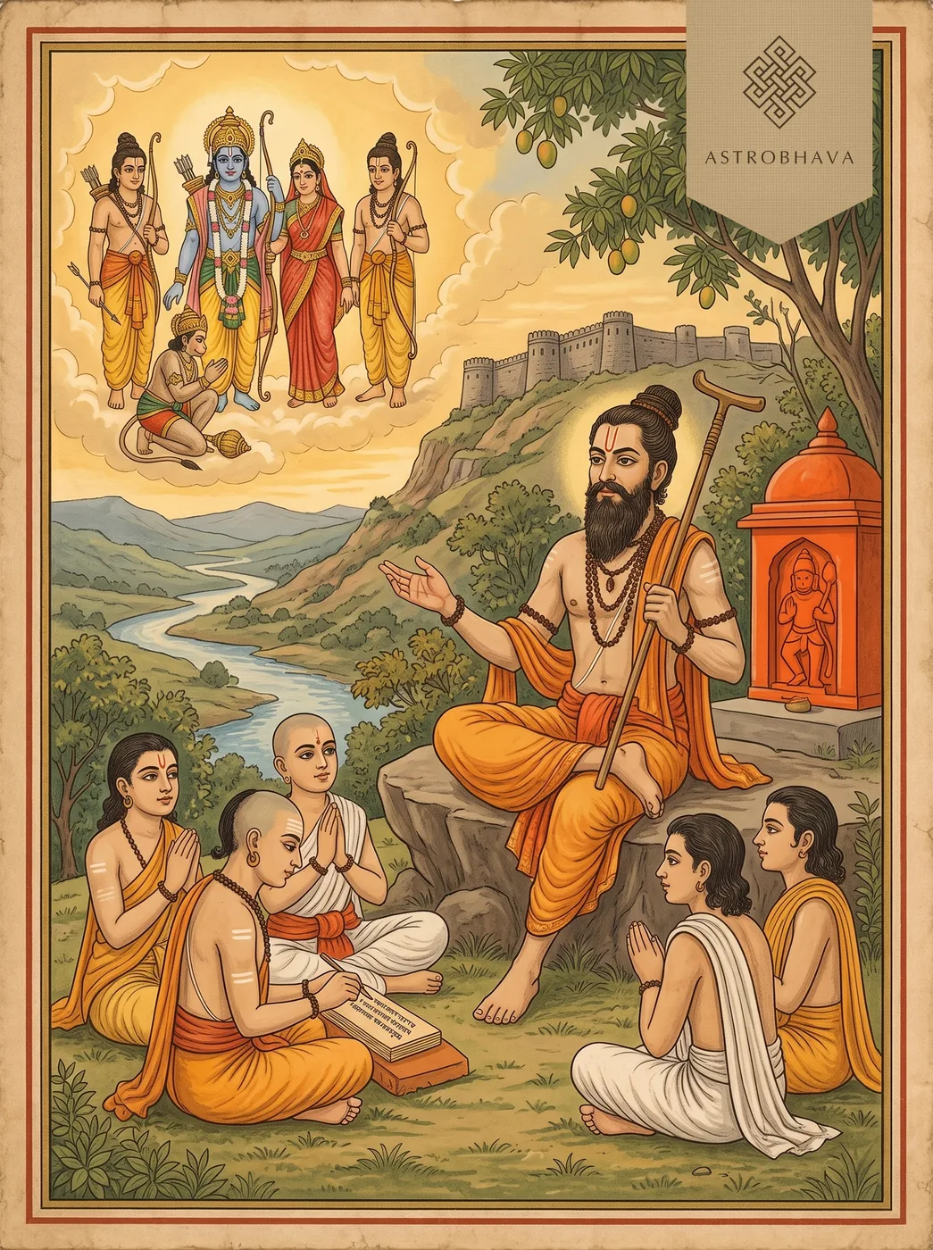 Manache Shlok: Samarth Ramdas teaching young disciples by a Hanuman shrine, Rama, Sita and Hanuman in the sky
