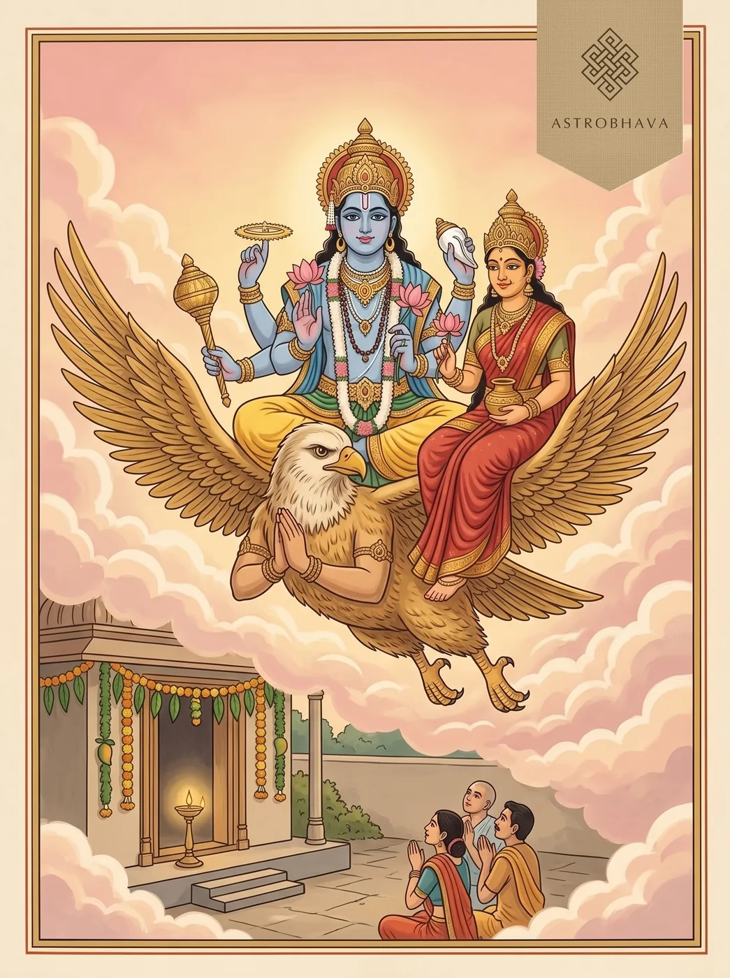 Mangalam Bhagavan Vishnu: lotus-eyed Vishnu riding Garuda with Lakshmi as devotees look up from a temple courtyard