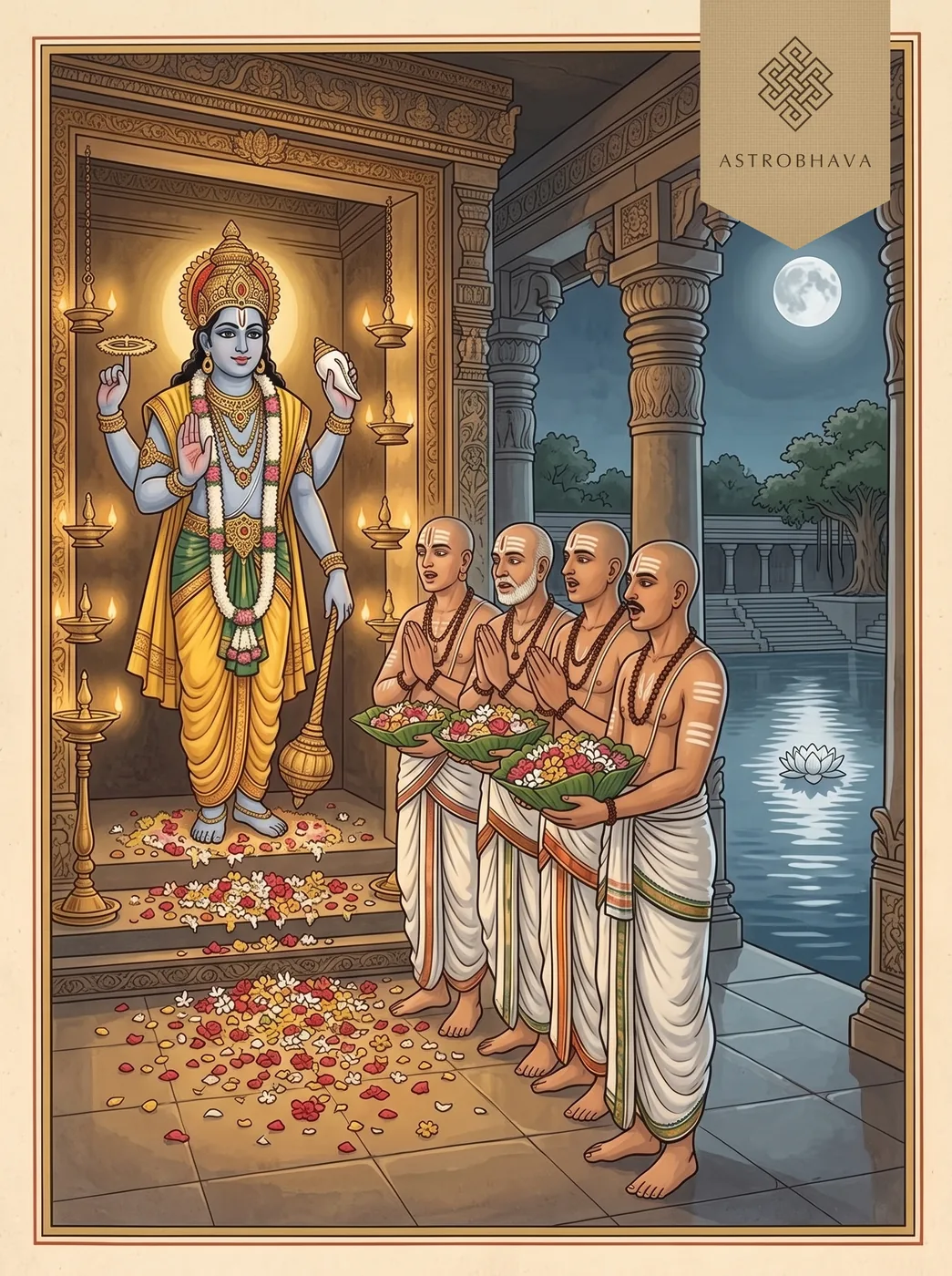 Mantra Pushpam: temple priests chanting with flowers in their palms before the sanctum as the moon rises over the temple tank