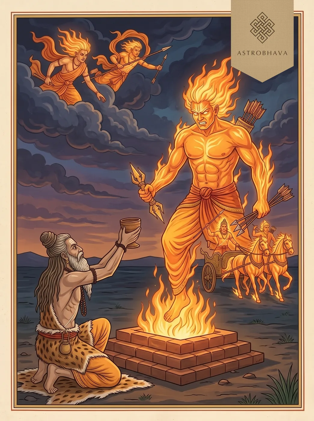 Manyu Suktam: a Vedic seer offering soma at his fire as blazing Manyu rises with thunderbolt and arrows to stand at his right
